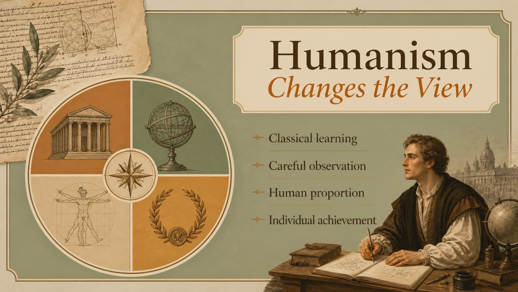 Renaissance humanism lesson slide explaining proportion, observation, classical learning, and individual achievement.