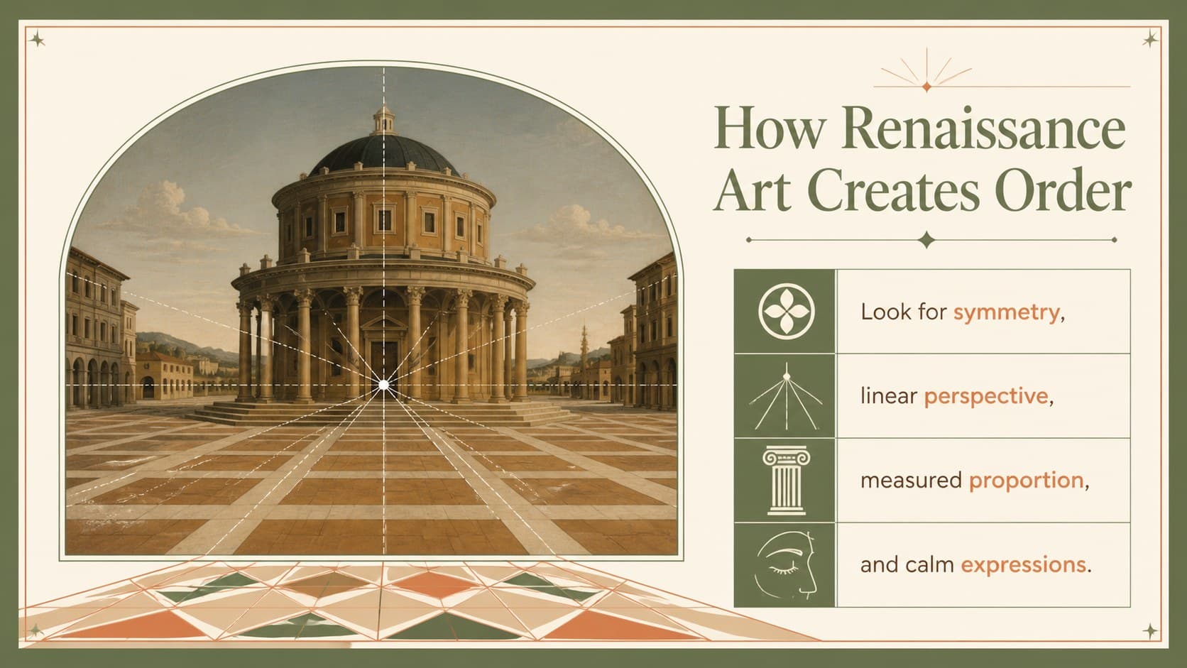 Renaissance visual analysis slide highlighting symmetry, linear perspective, proportion, and calm composition.