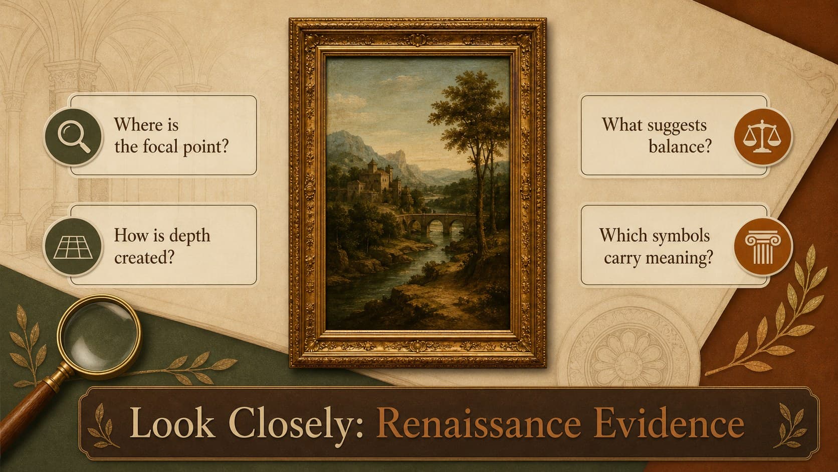 Renaissance artwork observation activity with prompts about focal point, depth, balance, and symbolism.
