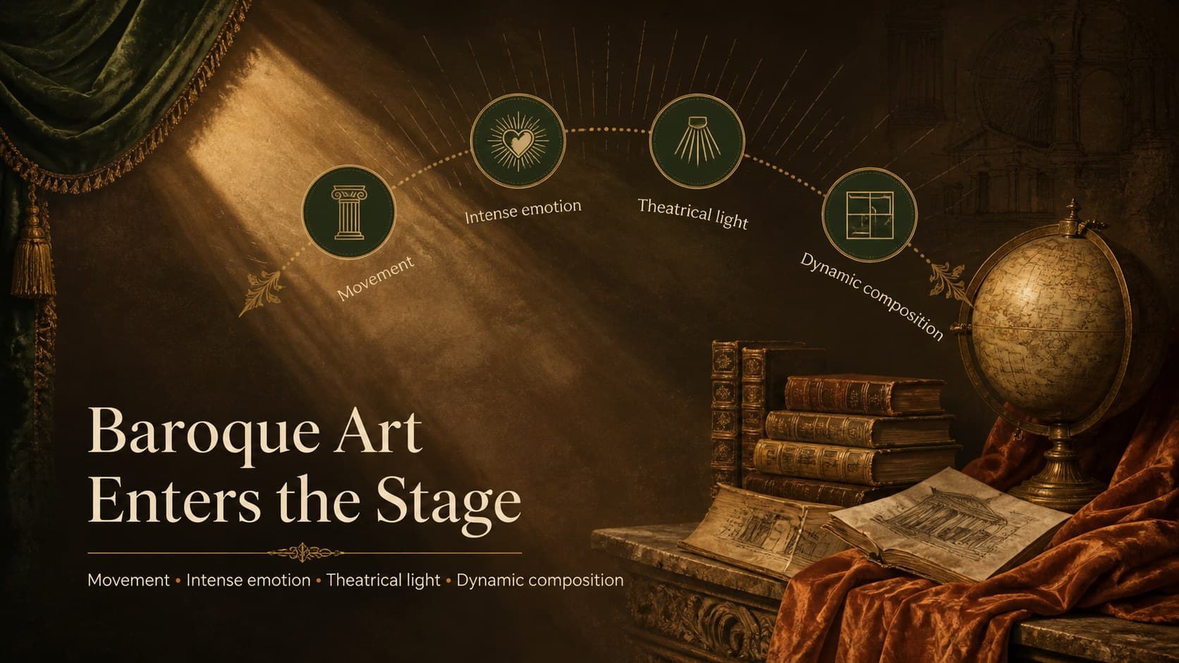 Baroque art lesson slide introducing movement, emotion, theatrical lighting, and dramatic composition.