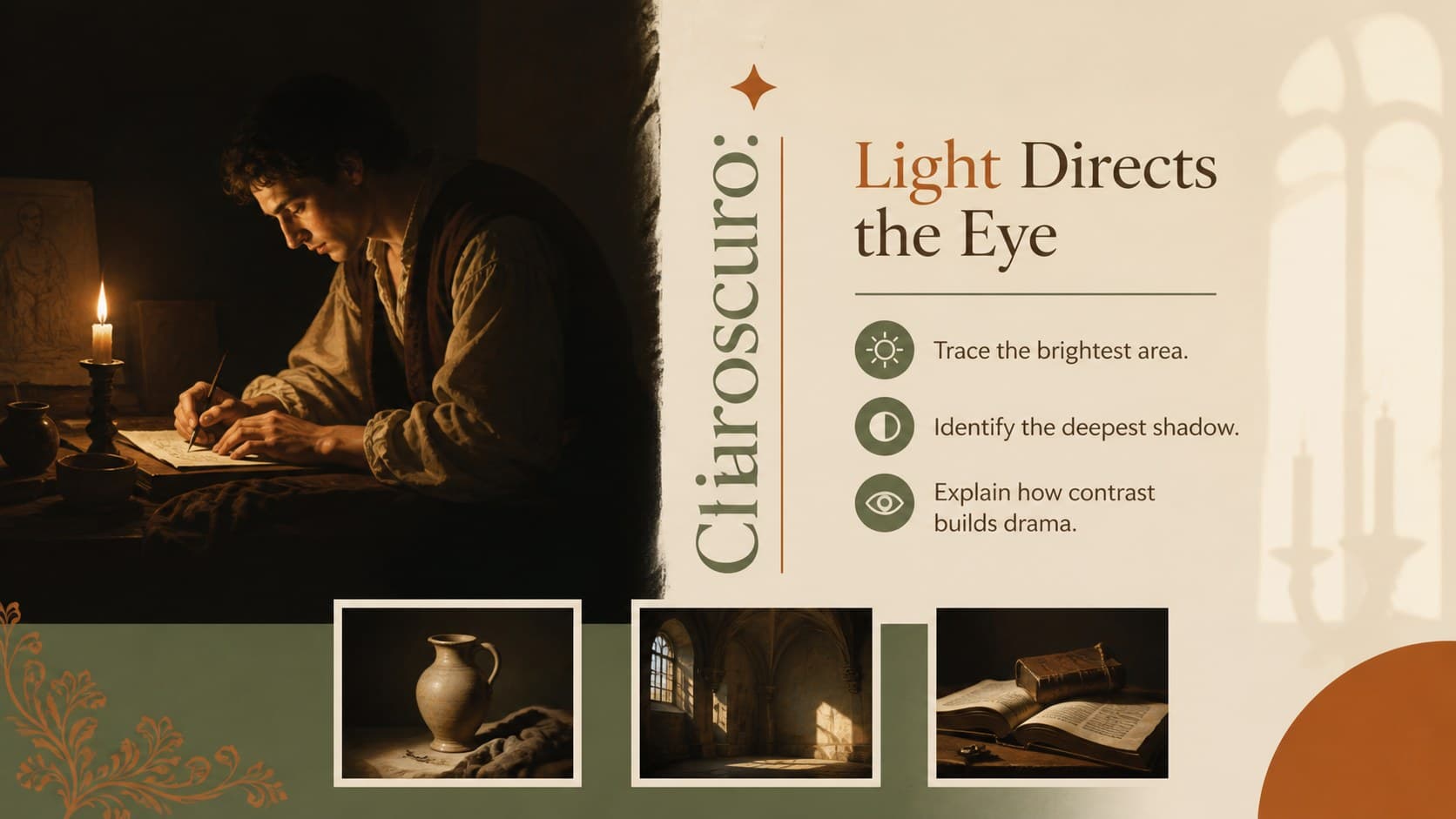 Chiaroscuro classroom activity demonstrating how strong light and shadow guide attention in Baroque art.