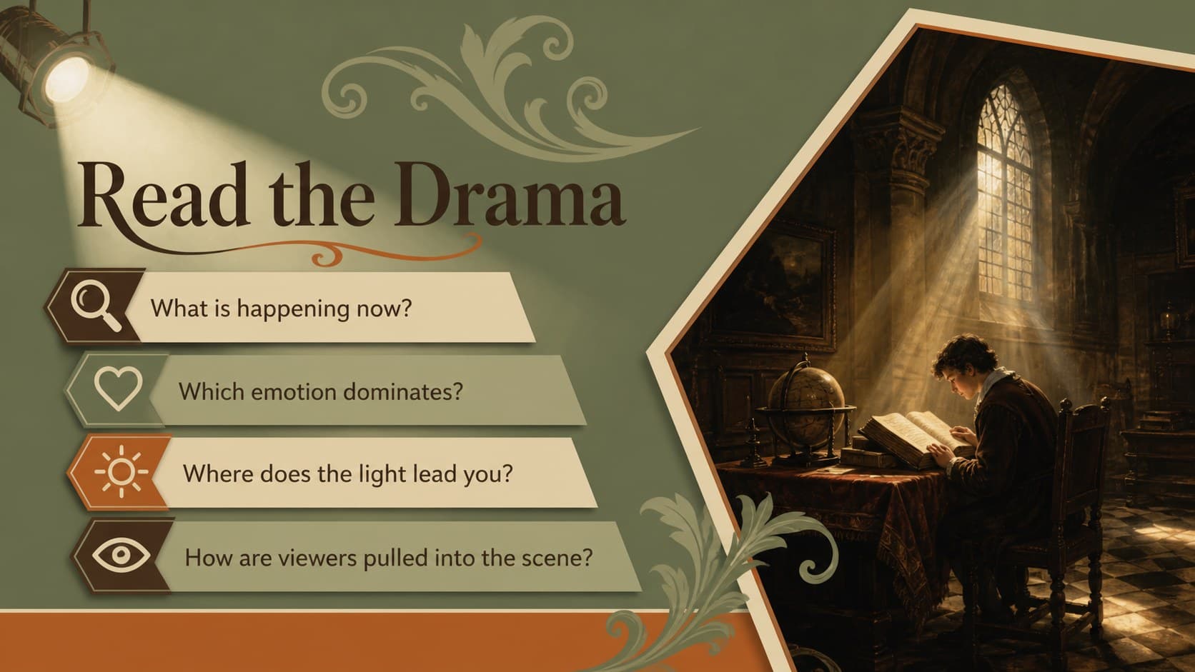Baroque painting discussion slide with prompts about action, emotion, light, and viewer participation.