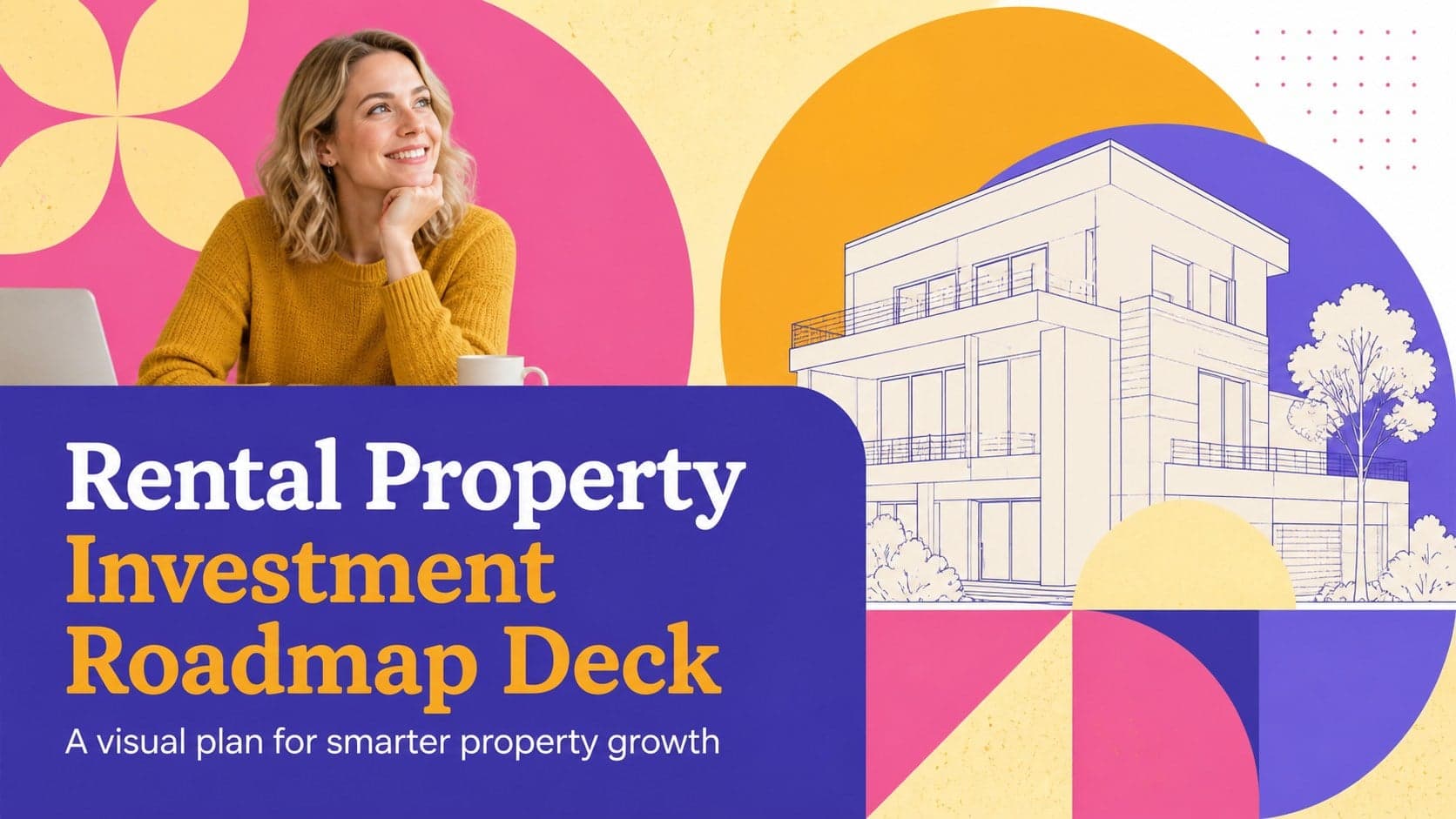 Cover slide for a rental property investment roadmap with colorful geometric shapes and a bold real estate title.