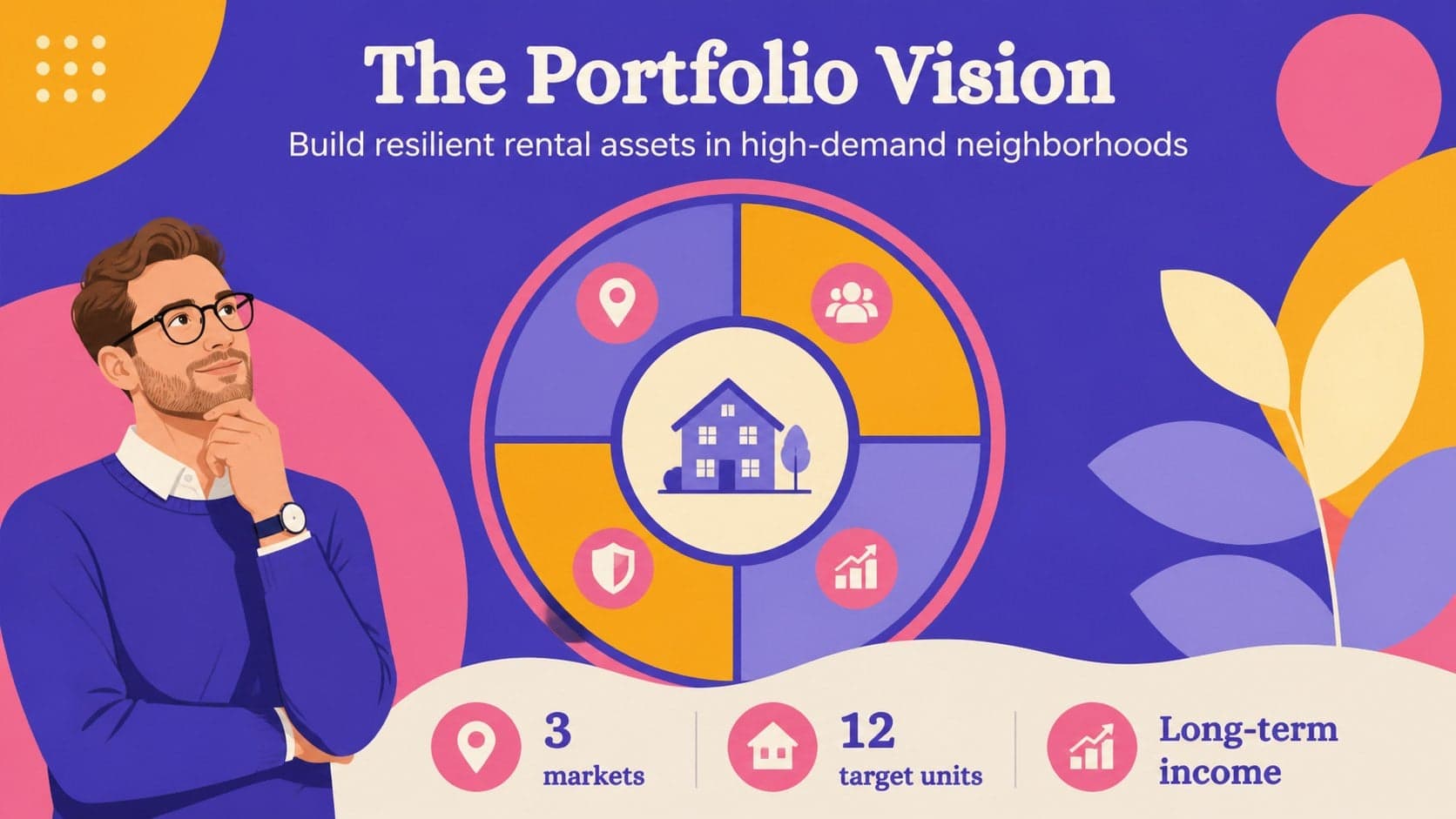 Real estate company profile slide presenting a rental portfolio strategy and business overview.