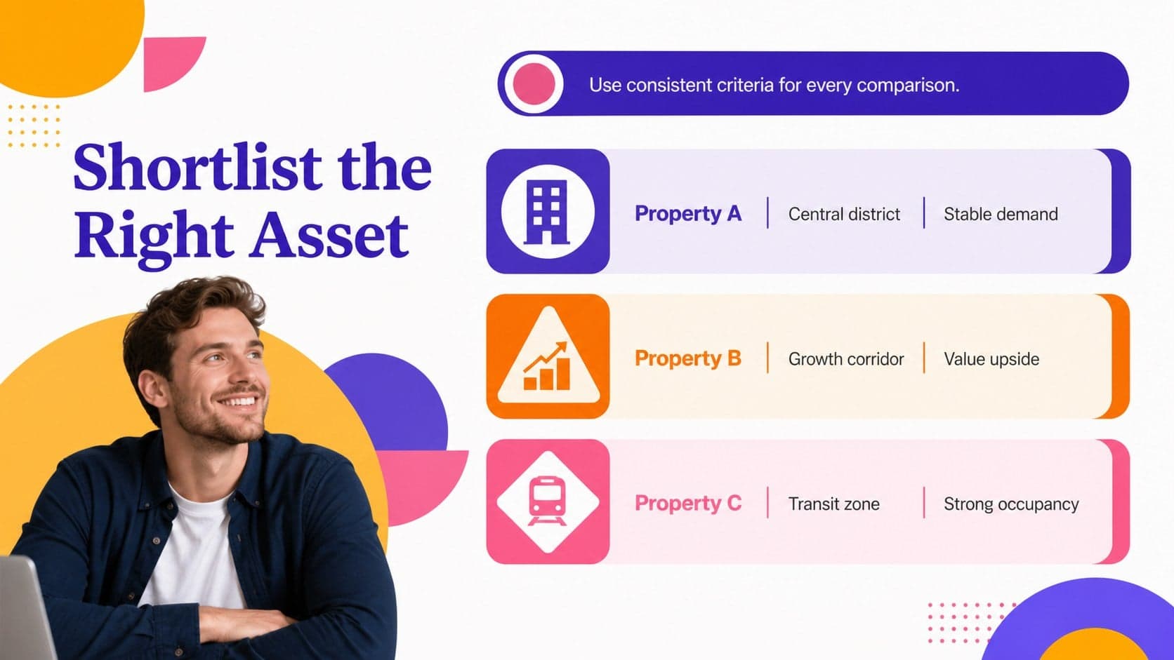 Property comparison slide showing a rental acquisition shortlist with colorful geometric data blocks.