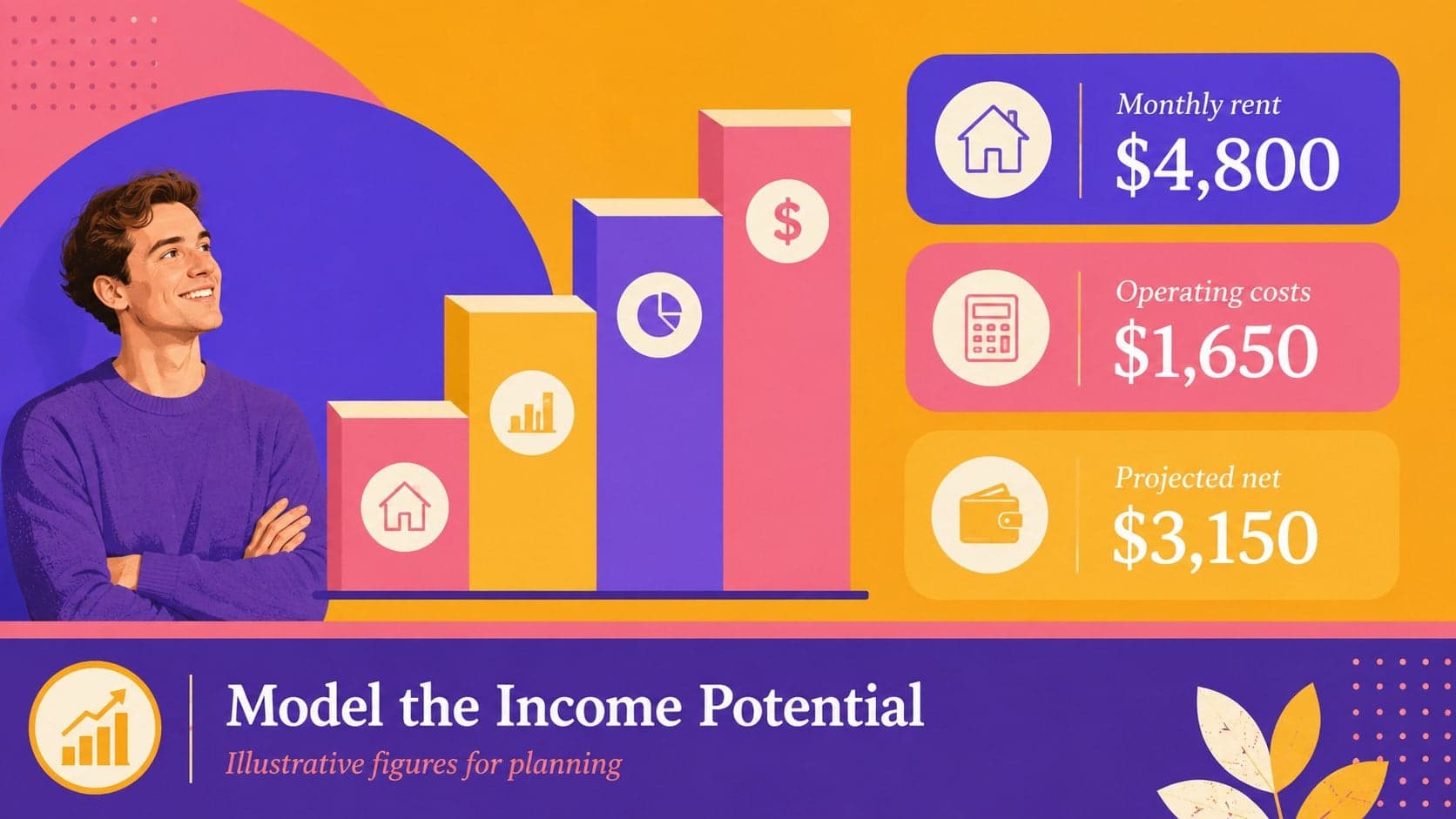 Rental income forecast slide with editable charts for property investment financial planning.