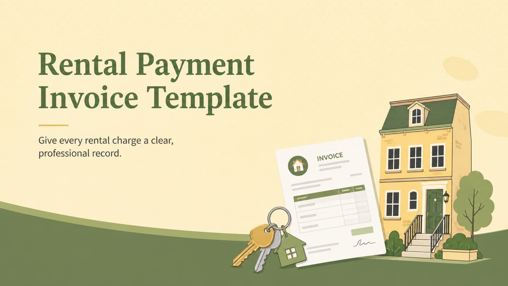 Cover of a yellow and green rental payment invoice template with an original illustrated home and organized title treatment.