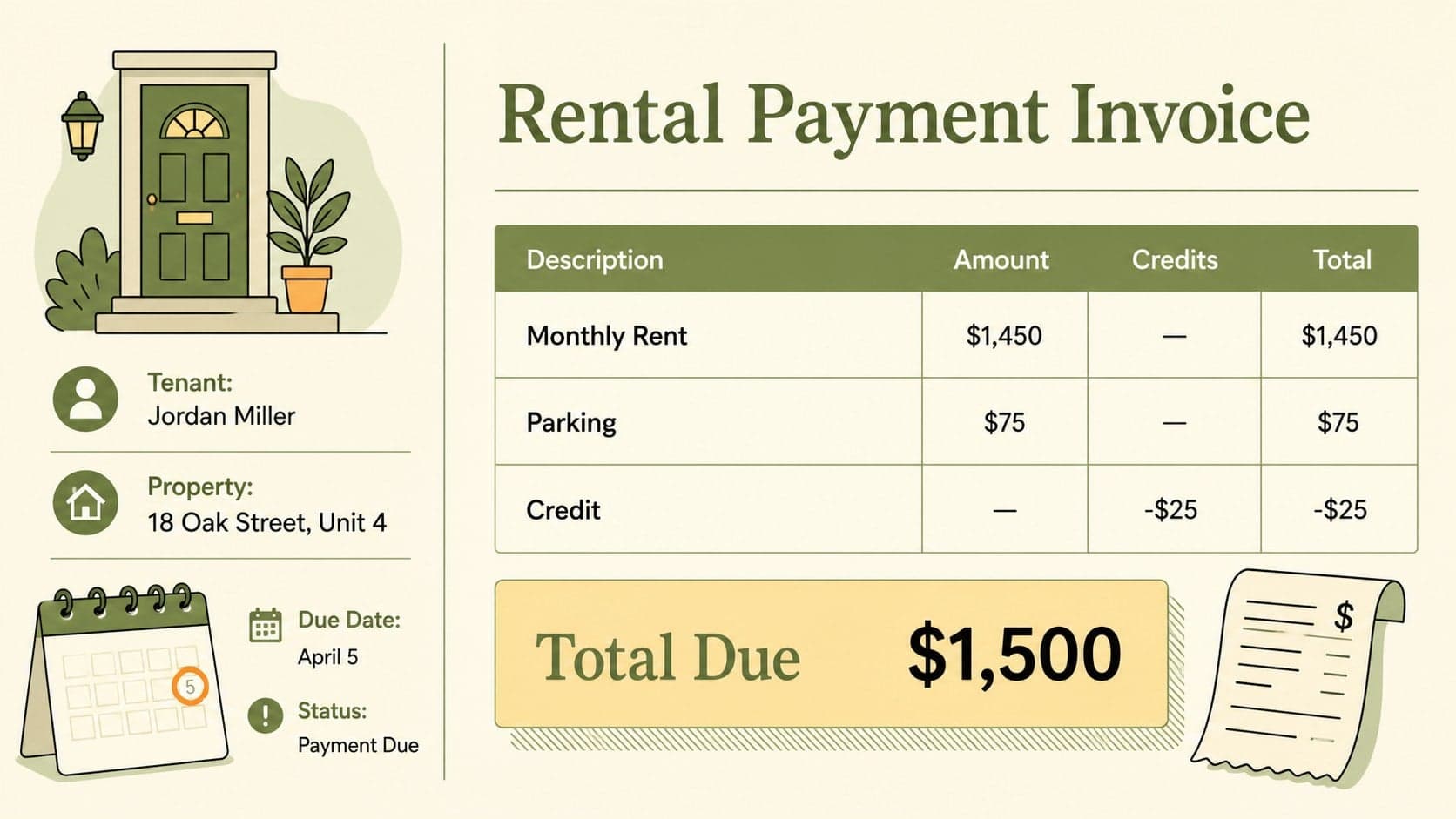 Editable rent receipt presentation slide showing tenant details, itemized charges, payment status, and a total due.