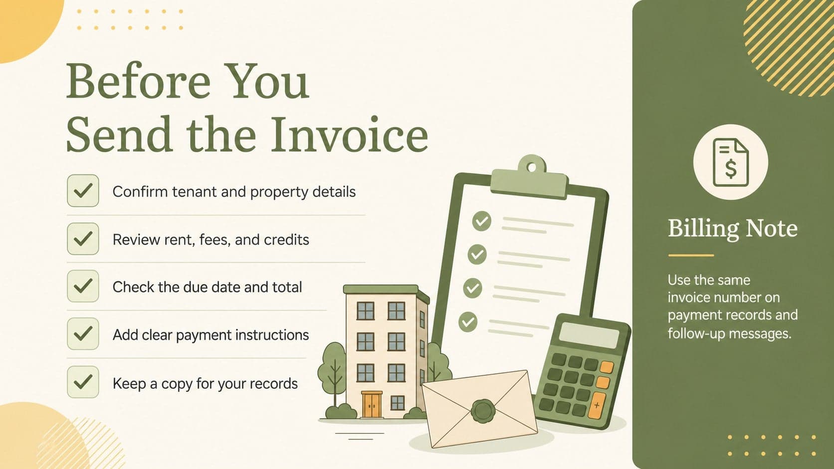 Landlord invoice template checklist outlining the details to verify before sending a tenant billing statement.