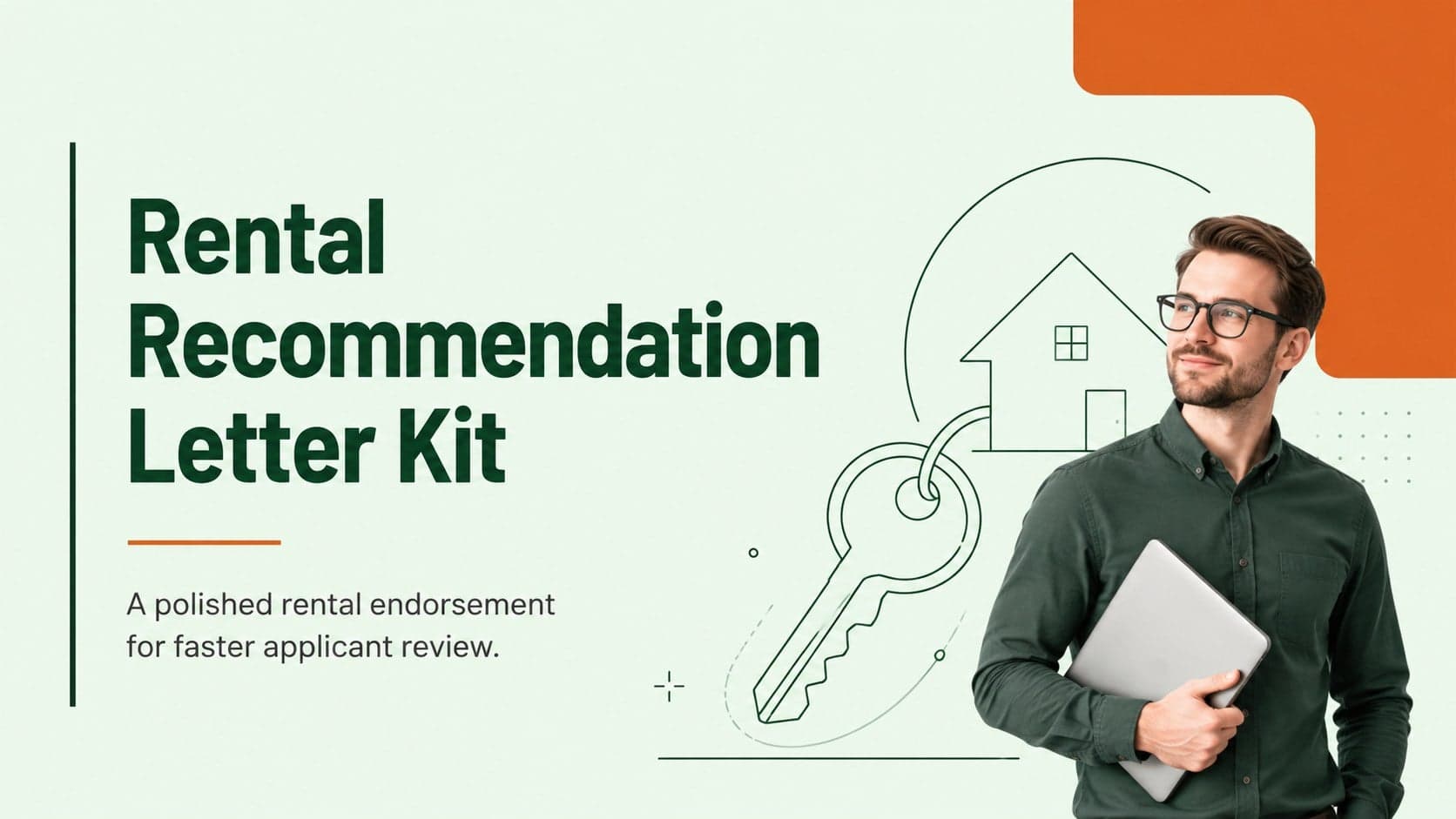 Cover of the Rental Recommendation Letter Kit in a minimalist green and orange design.