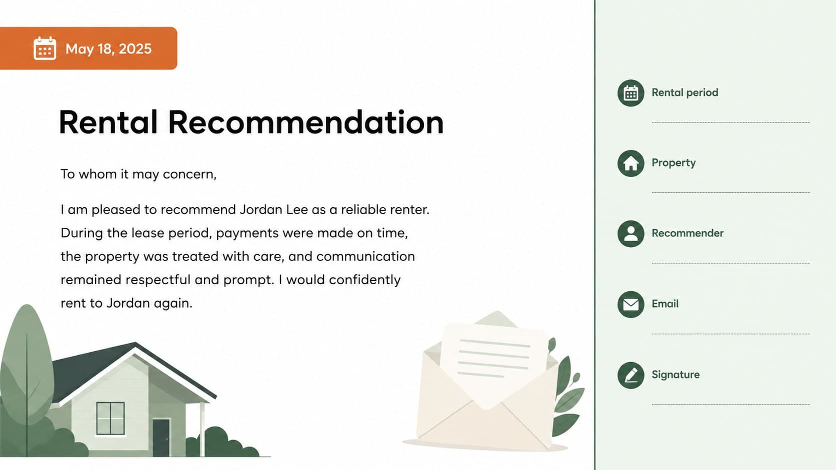 Editable landlord recommendation letter template with rental history and reliability details.
