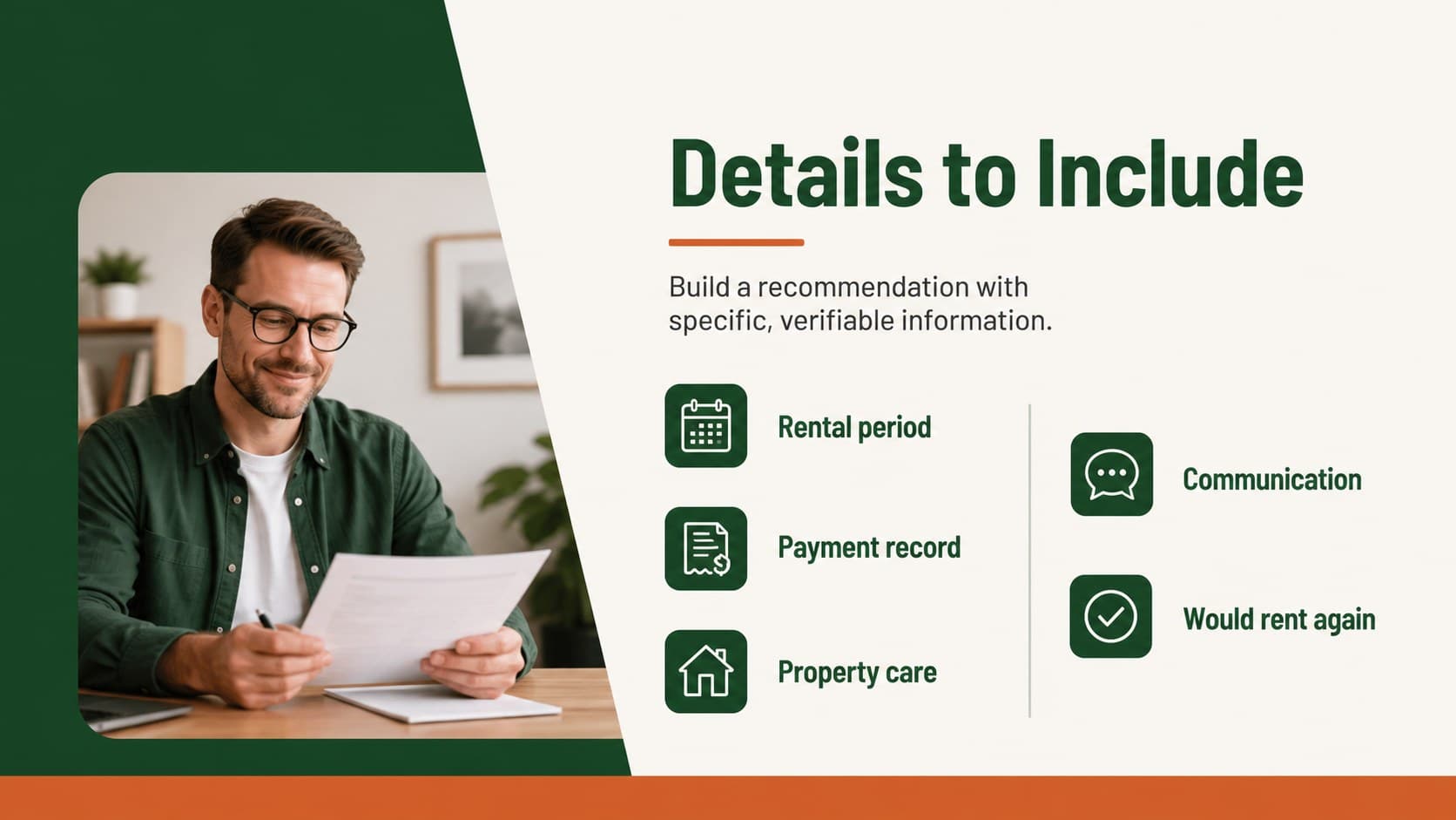 Rental history reference letter checklist covering payment, property care, and communication.