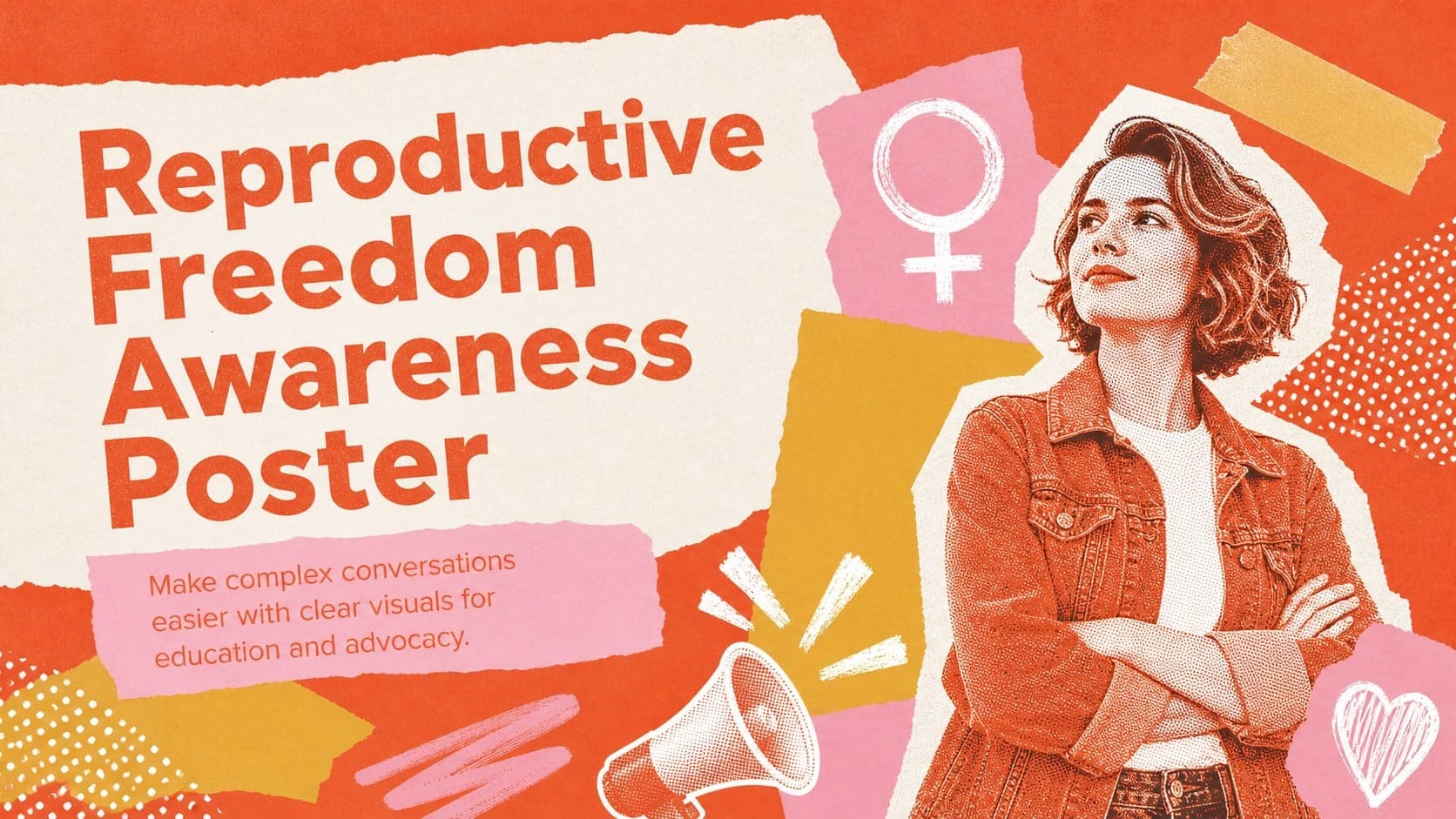 Colorful reproductive freedom awareness poster cover with bold collage typography in orange, pink, yellow, and white.