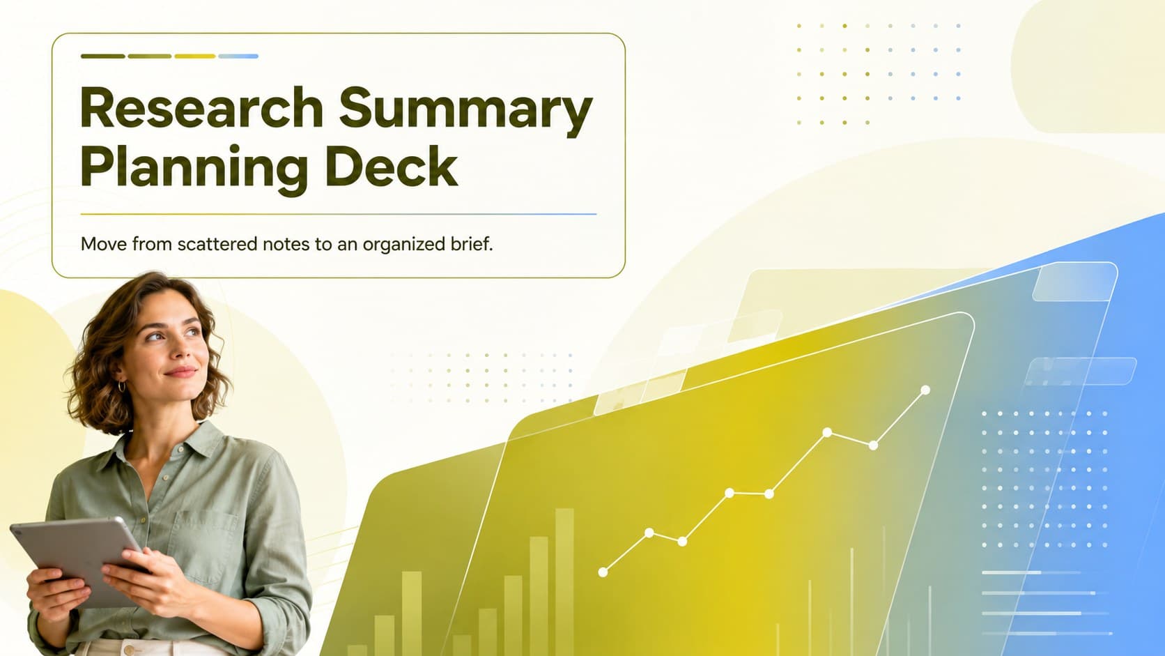 Cover of a vibrant Research Summary Planning Deck with yellow, green, and blue gradient graphics.