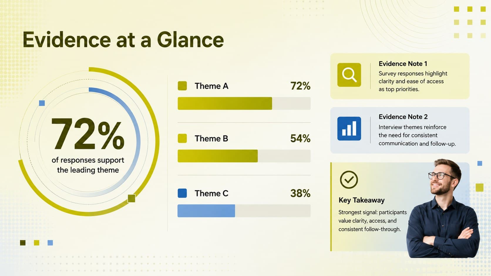 Research findings presentation template slide with evidence metrics, themes, and a concise takeaway.