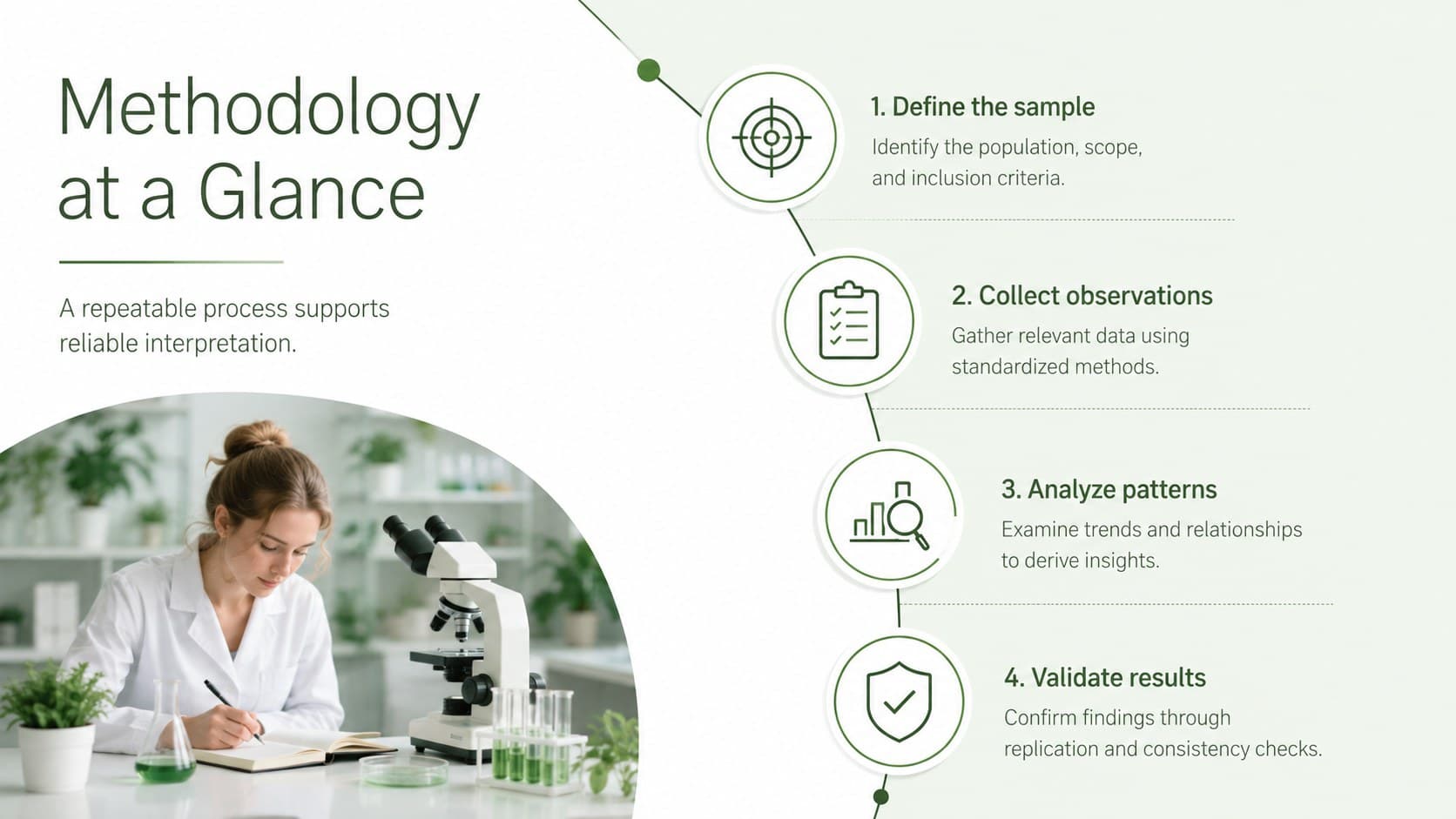 Scientific methodology slide showing a four-step research process in a restrained green design.