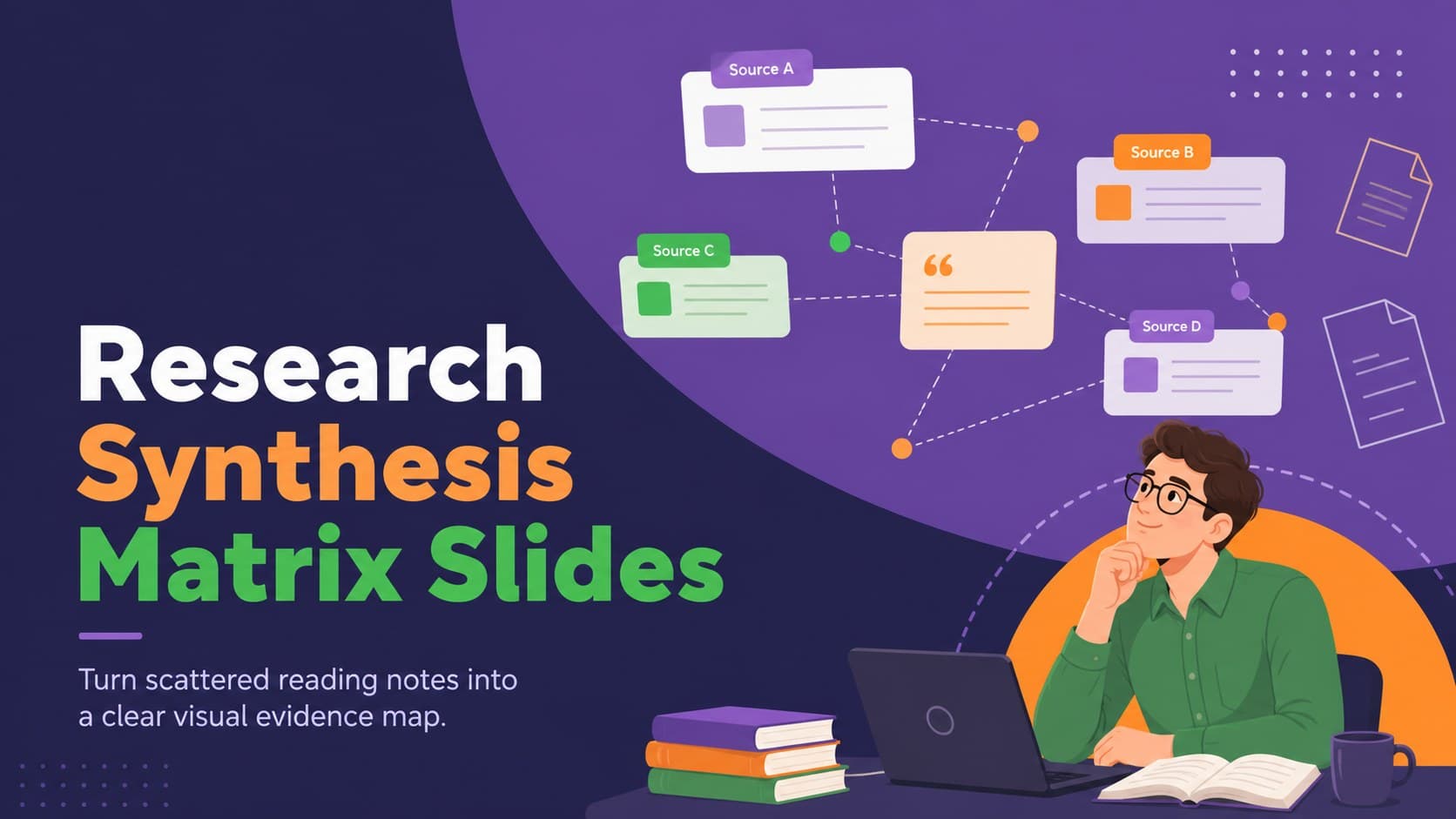 Cover for Research Synthesis Matrix Slides with playful violet, orange, and green academic graphics.