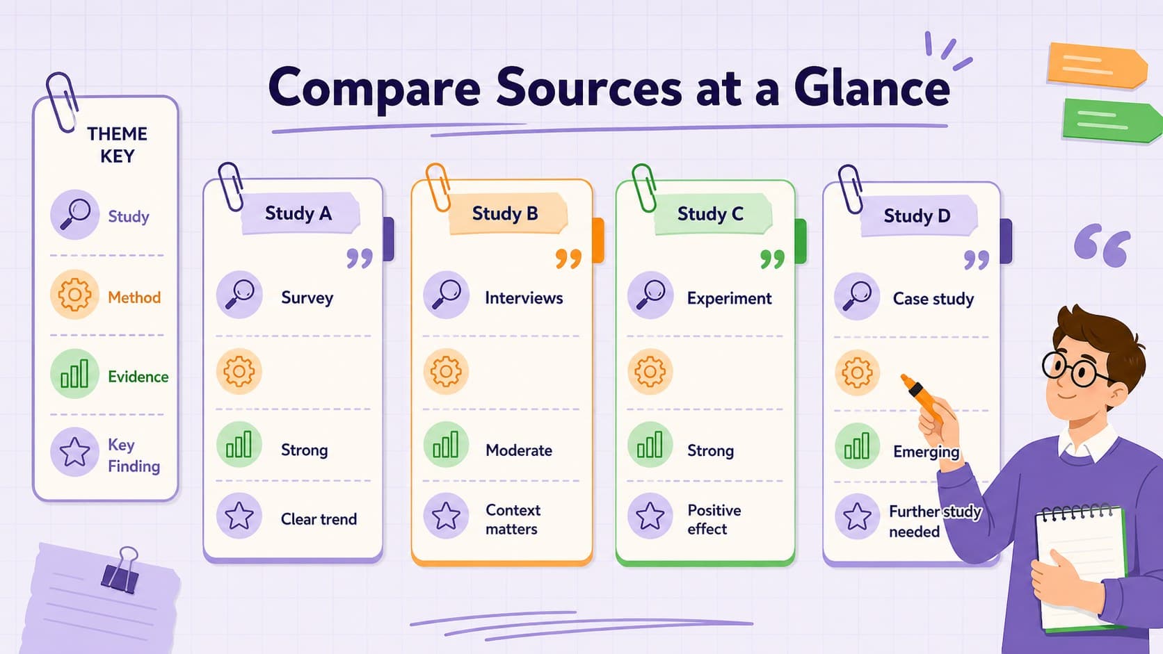 Academic source comparison slide organizing four studies by method, evidence, and key finding.