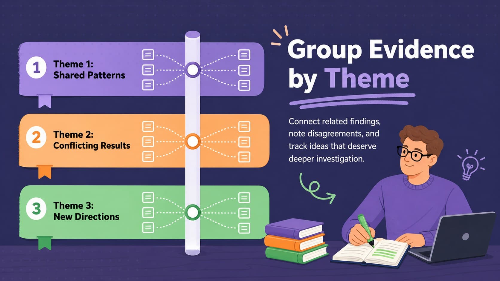 Research synthesis matrix slide grouping academic evidence into three color-coded themes.