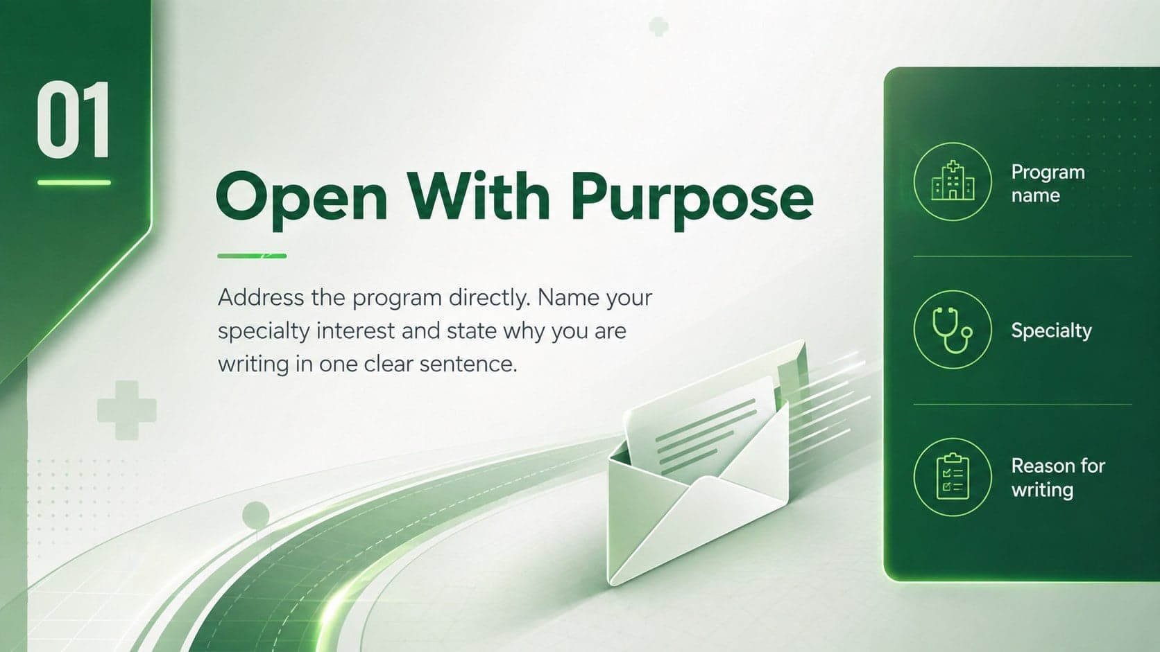 Residency interest letter opening slide with prompts for the program name, specialty, and reason for writing.