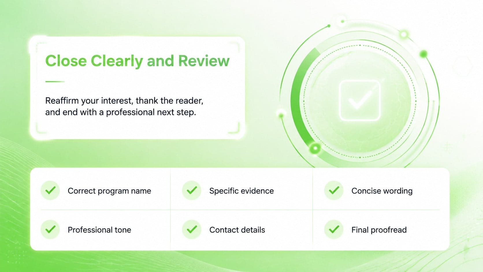 Residency applicant writing guide slide with a concise closing statement and final review checklist.