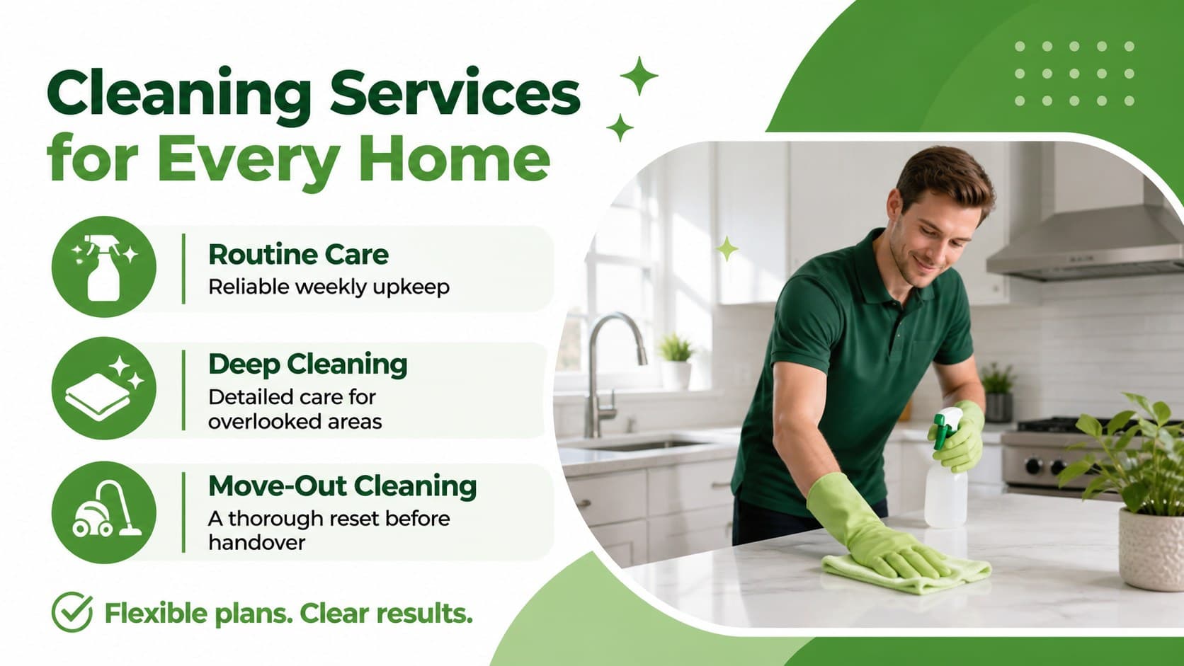 Editable house cleaning flyer slide presenting routine, deep-cleaning, and move-out services in a minimal green-and-white layout.
