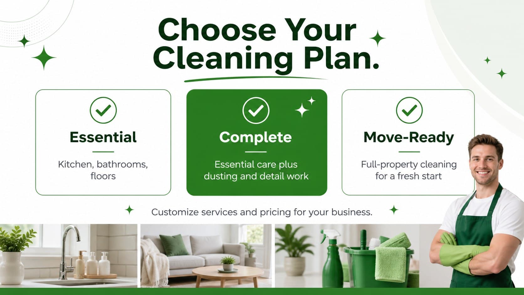 Residential housekeeping promotion template comparing essential, complete, and move-ready cleaning packages.
