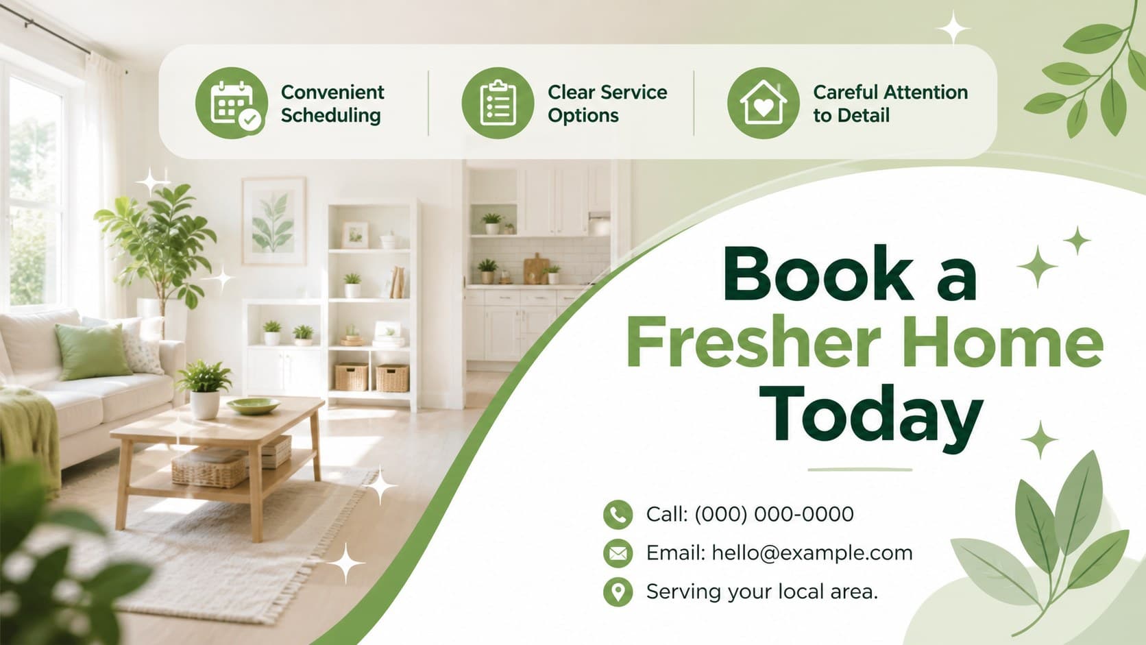 Local cleaner marketing presentation slide with a booking call to action, service benefits, and editable contact details.