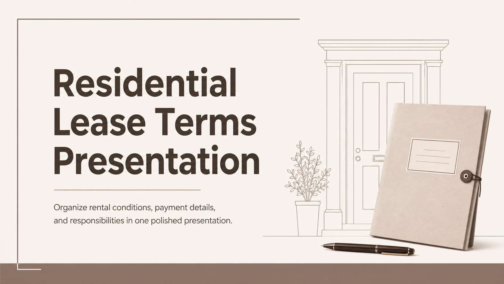 Cover slide for a residential lease terms presentation with a minimalist beige and brown layout.