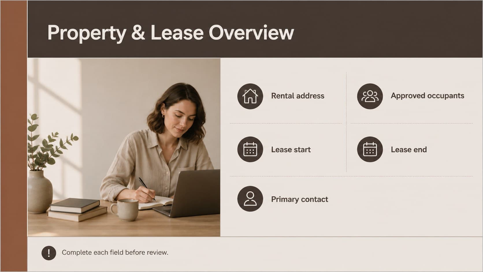 Residential lease presentation slide outlining property details and agreement basics in a neutral brown palette.