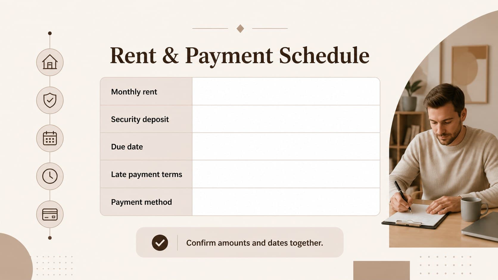 Lease payment schedule slide showing rent, deposit, and due date fields for property managers.