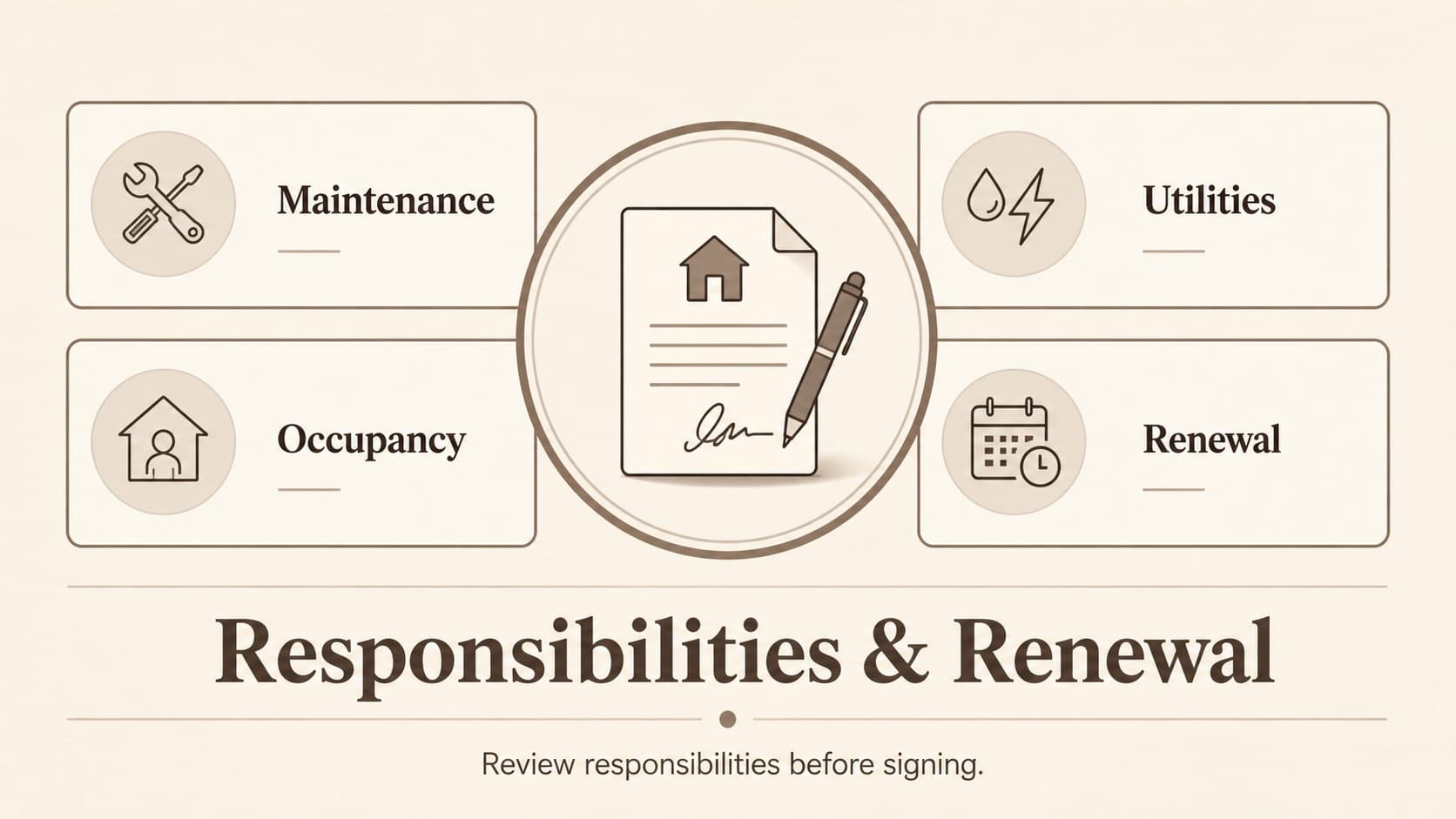 Tenant responsibilities slide presenting maintenance, utilities, occupancy, and renewal terms in a beige lease deck.
