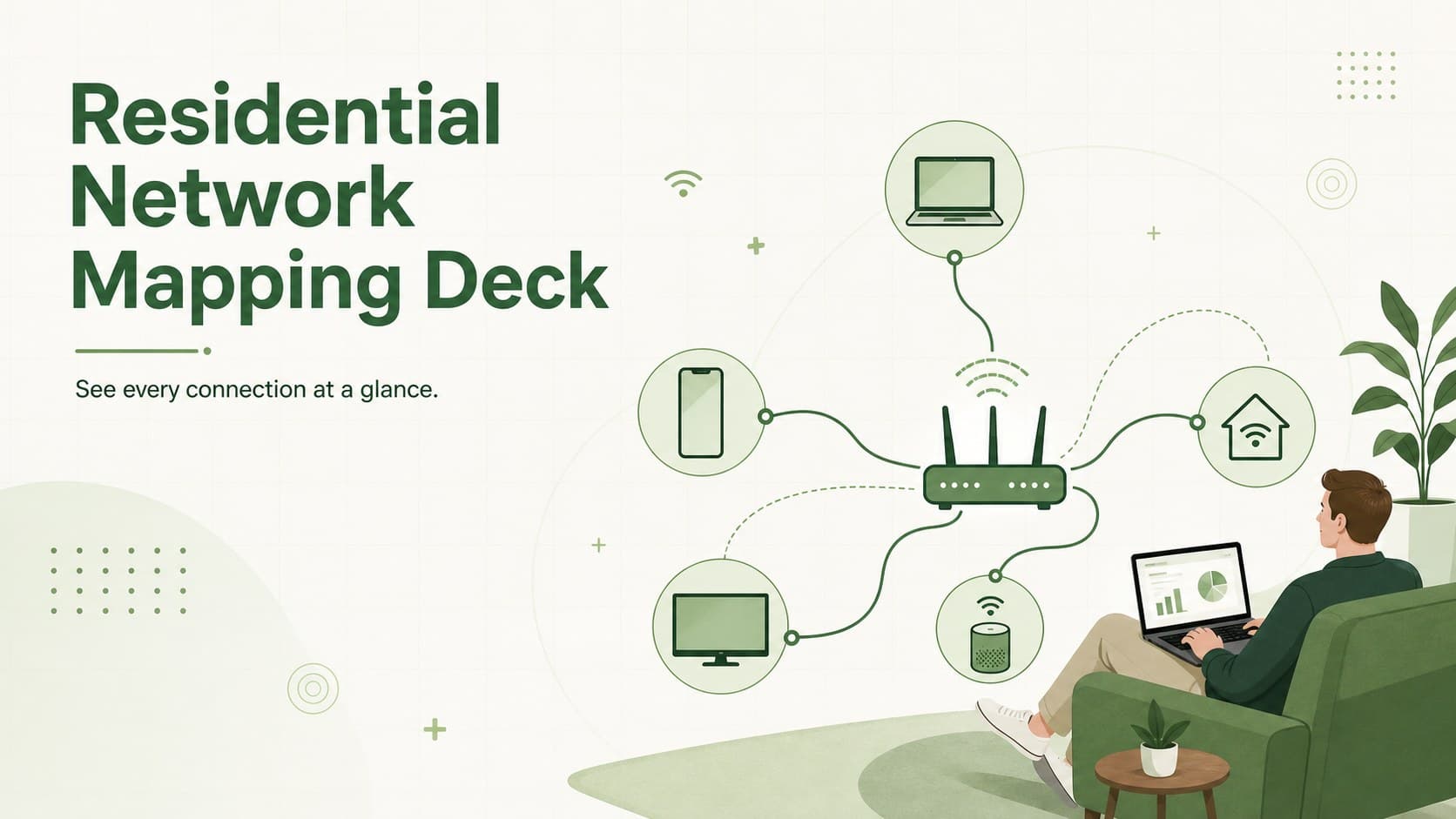 Green cover slide for a residential network mapping deck featuring router and connected-device graphics.