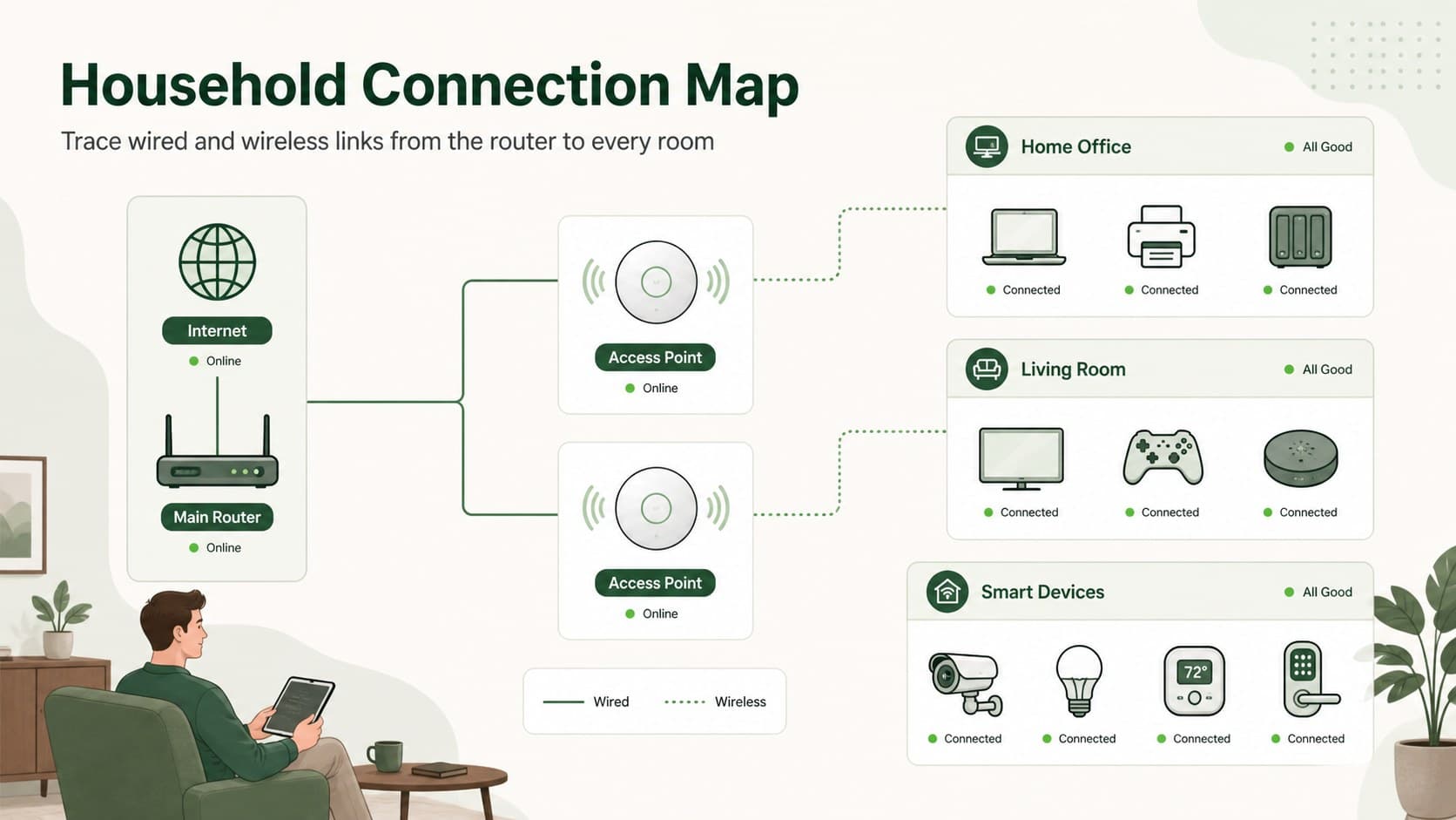 Home WiFi topology presentation showing internet, router, access points, rooms, and connected household devices.