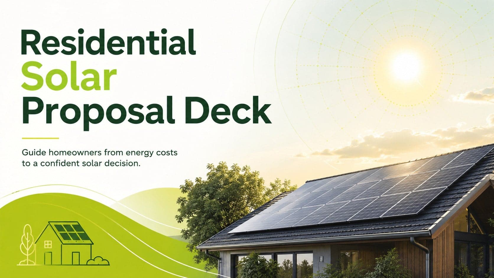 Residential solar proposal deck cover with rooftop panels and a bright green, white, and yellow business design.