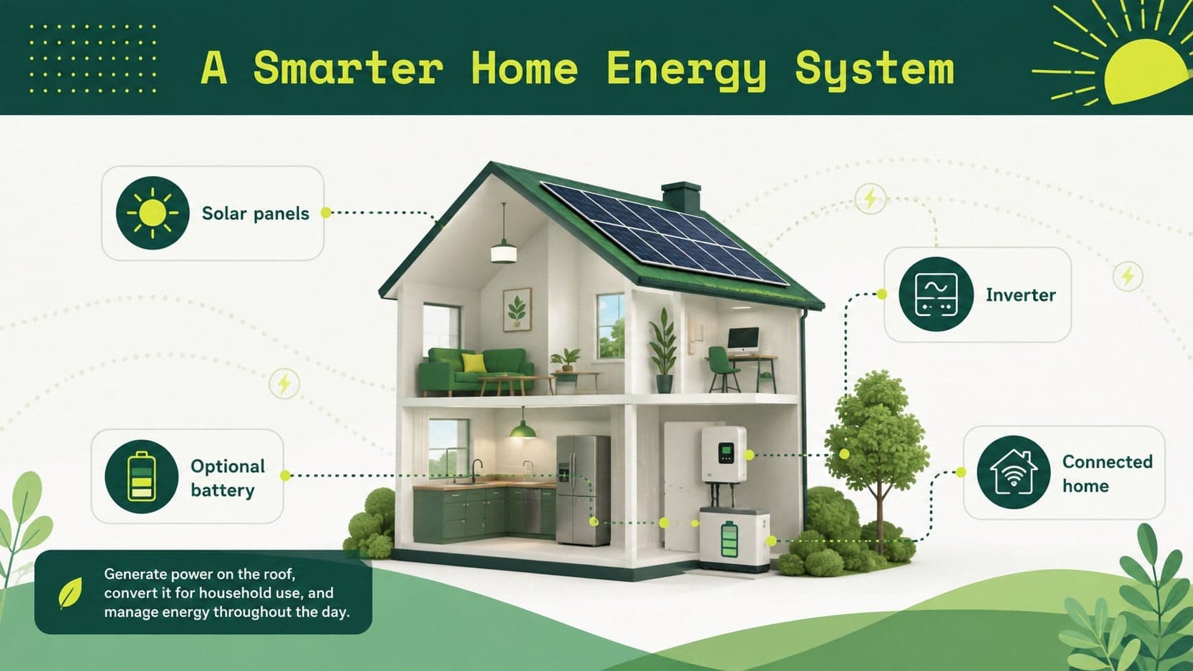Residential solar solution overview showing panels, inverter, battery, and household power flow.