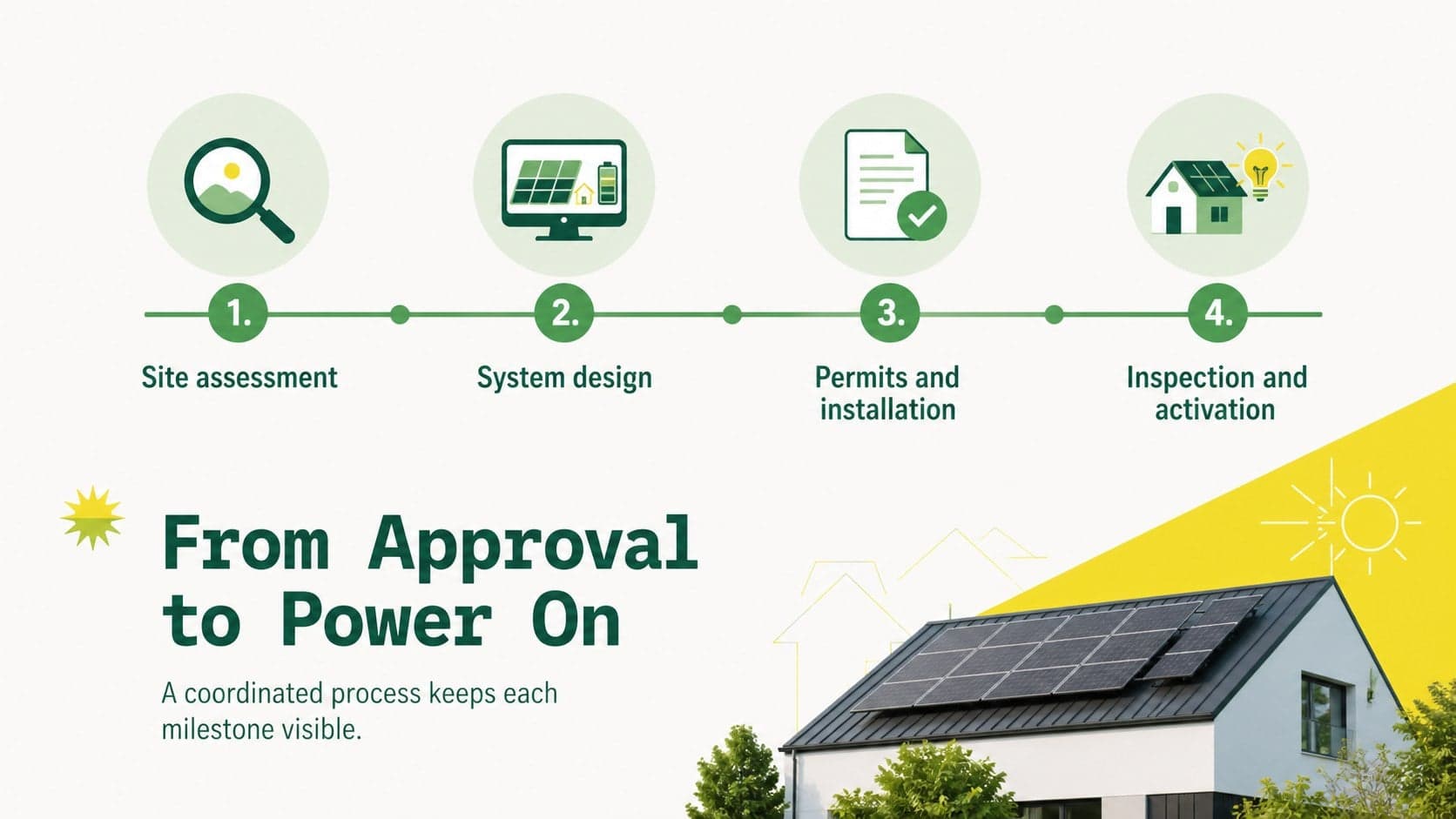 Solar installation sales presentation slide showing a four-stage residential project timeline.