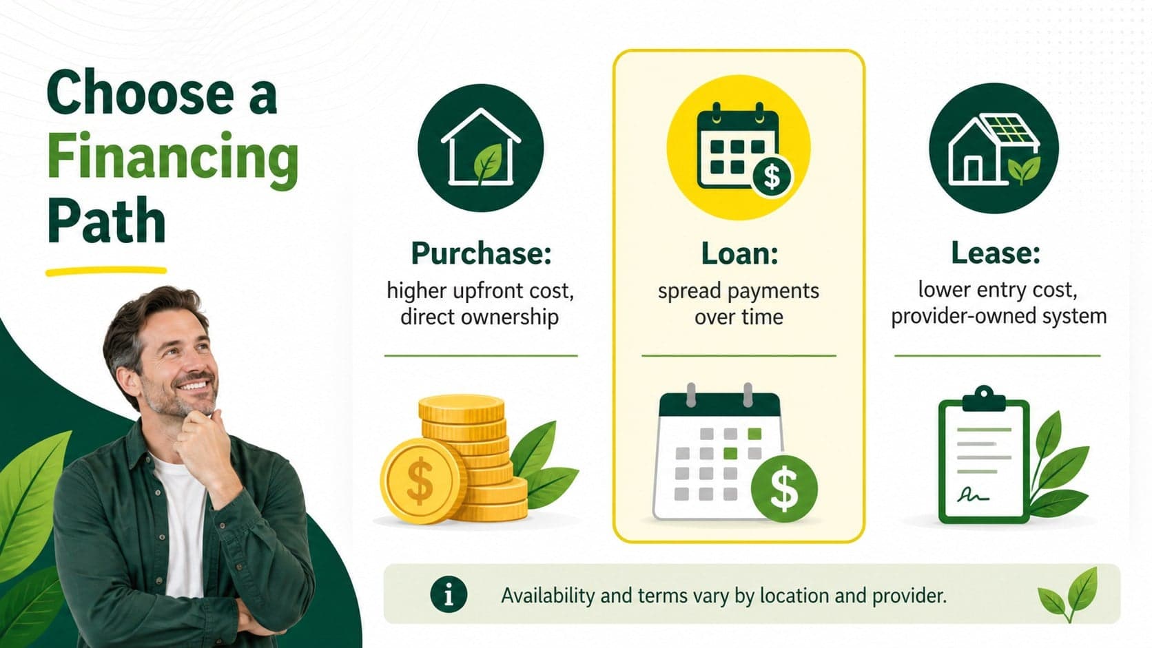 Solar financing presentation slide comparing purchase, loan, and lease pathways for homeowners.