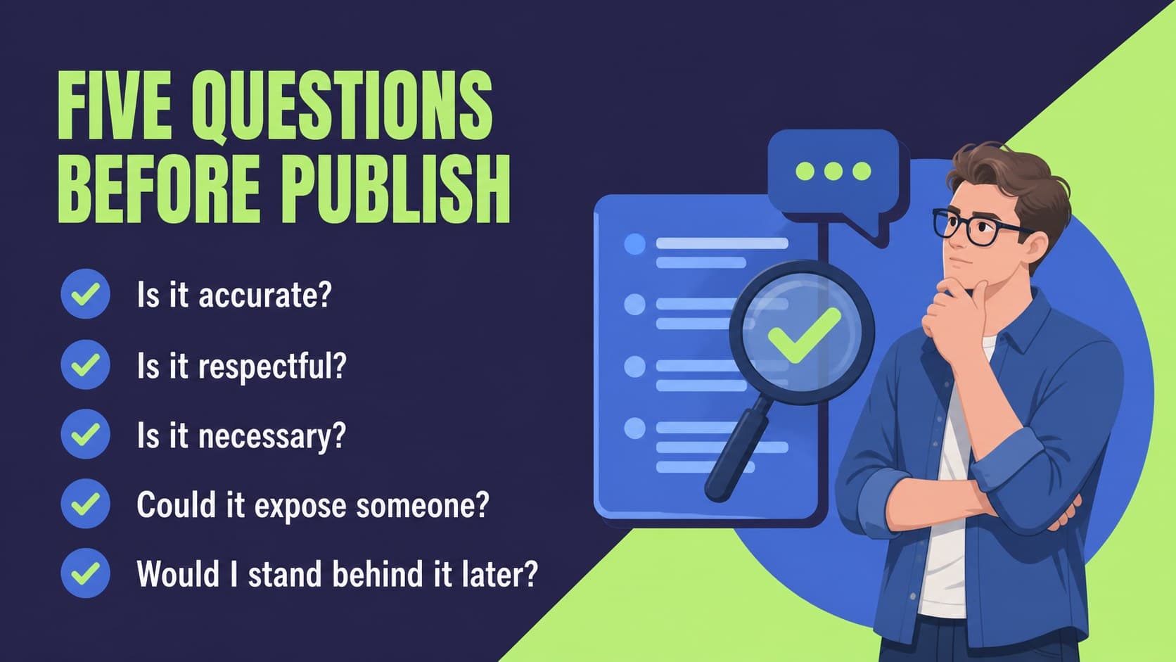 Ethical communication training slides example showing a checklist for reviewing social media content.