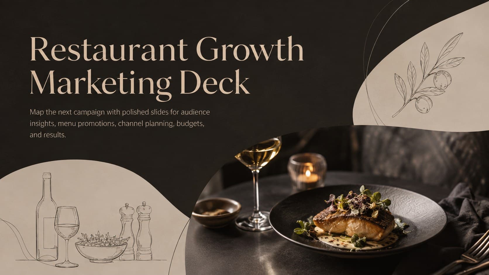 Cover of a Restaurant Growth Marketing Deck with elegant black and beige styling and refined food imagery.