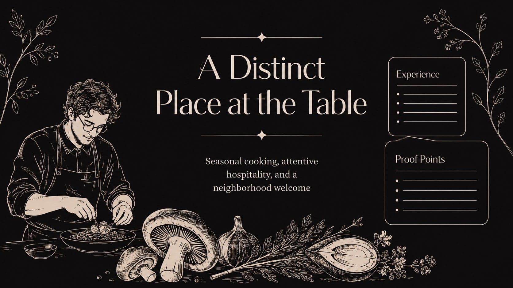 Dining brand positioning slide pairing a concise promise with experience and proof points.