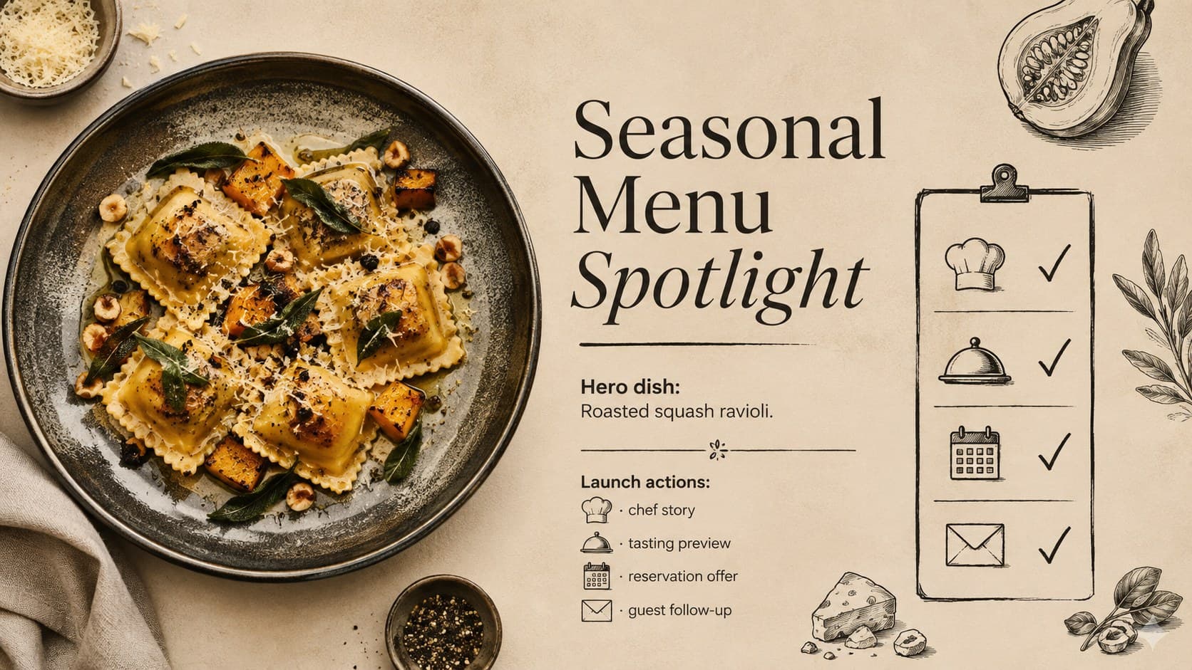 Menu promotion strategy template slide featuring a seasonal dish launch and supporting campaign actions.