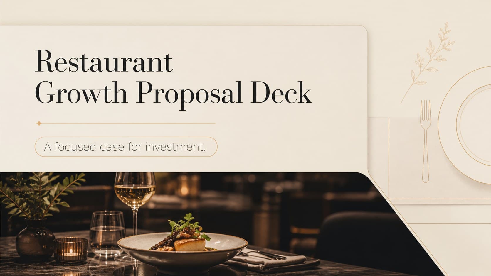 Cover of a Restaurant Growth Proposal Deck with refined typography and a warm neutral hospitality design.