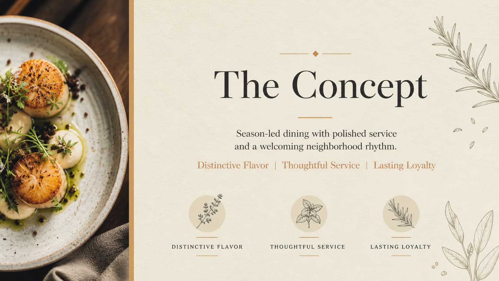 Hospitality business proposal slide presenting a concise restaurant concept and guest promise.