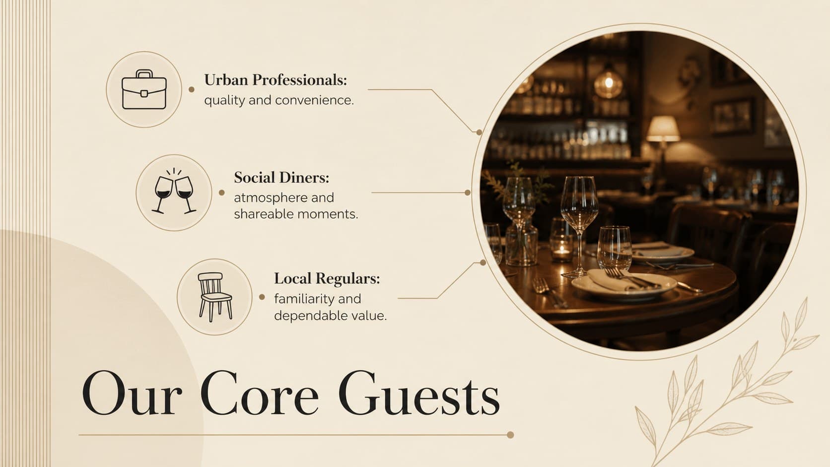 Restaurant market analysis slide profiling target guests by lifestyle, priorities, and dining behavior.