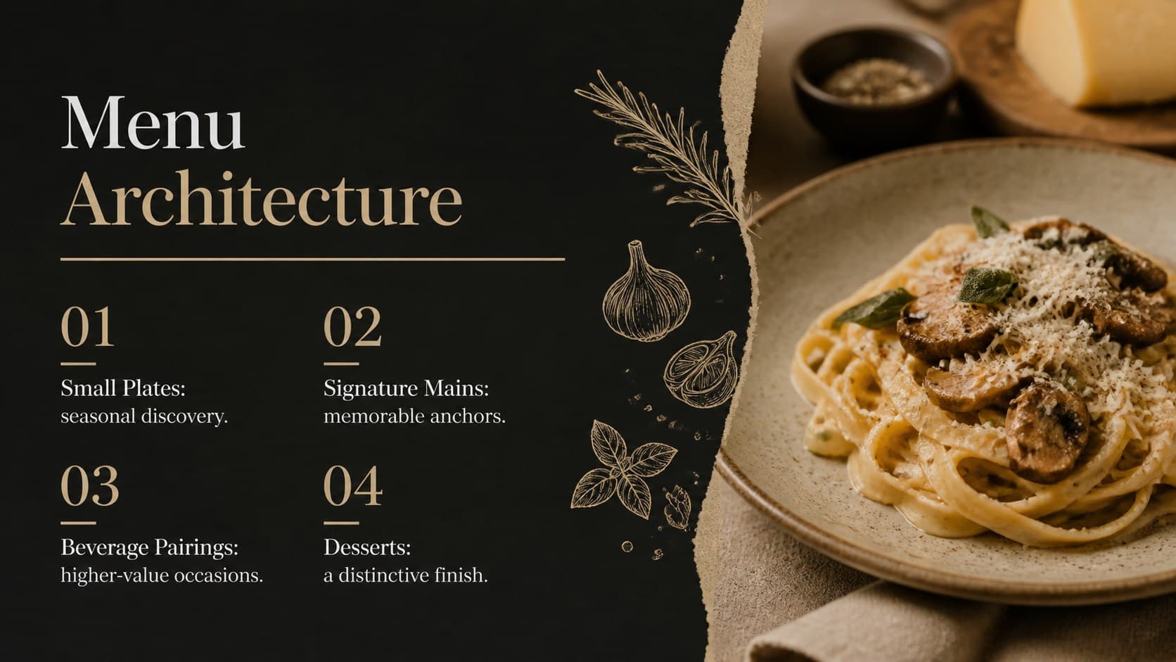 Restaurant proposal slide explaining seasonal menu architecture and signature dining offers.