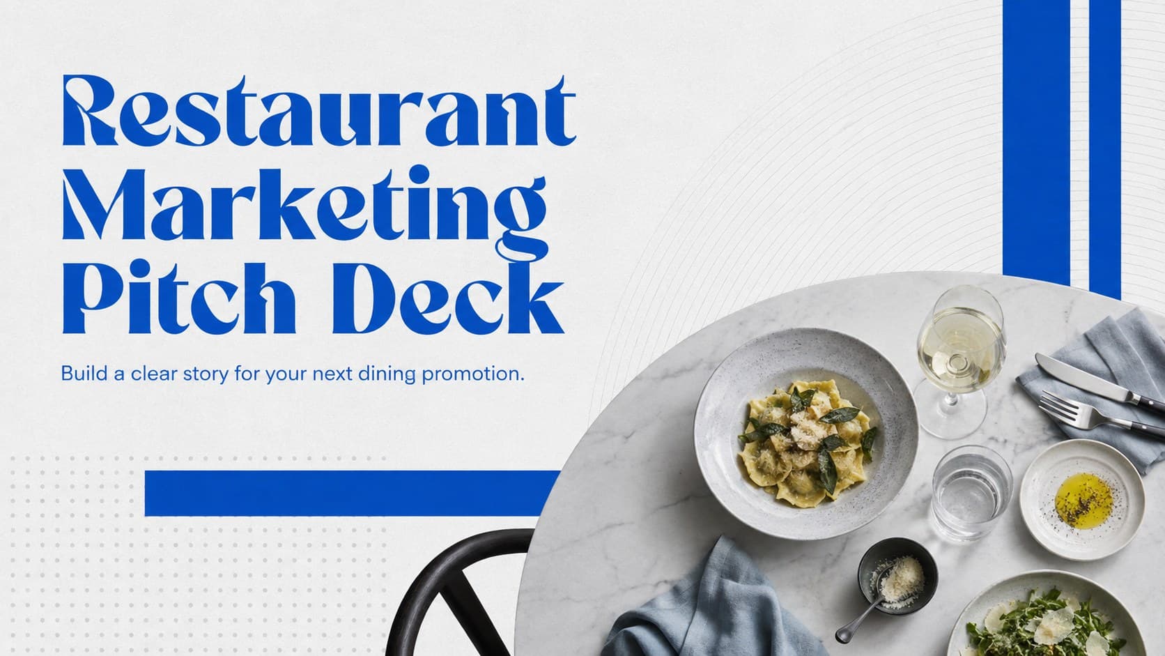Cover for a bold blue and white restaurant marketing pitch deck with a modern food promotion layout.