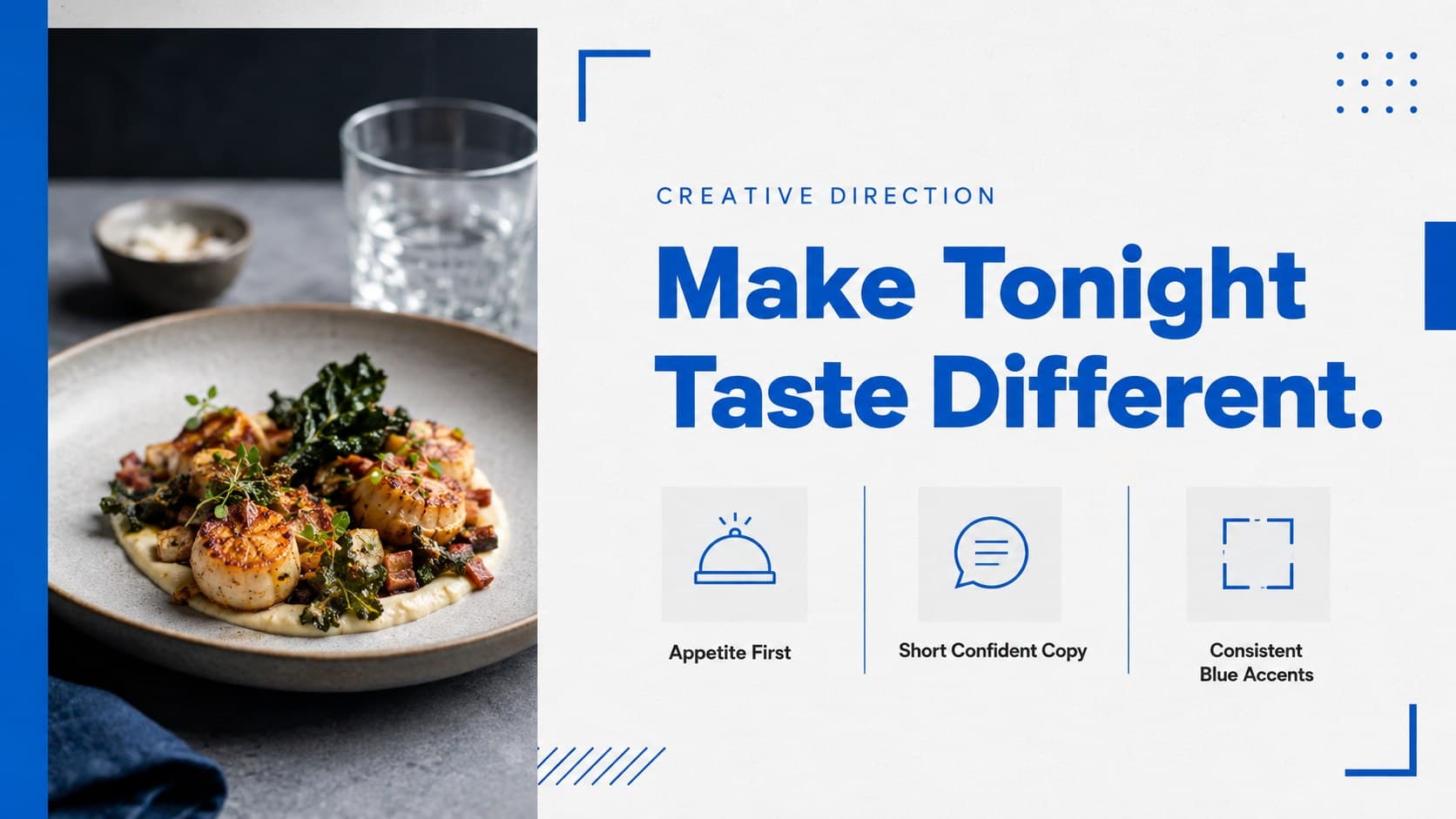 Creative direction slide featuring bold restaurant photography, campaign copy, and visual principles.