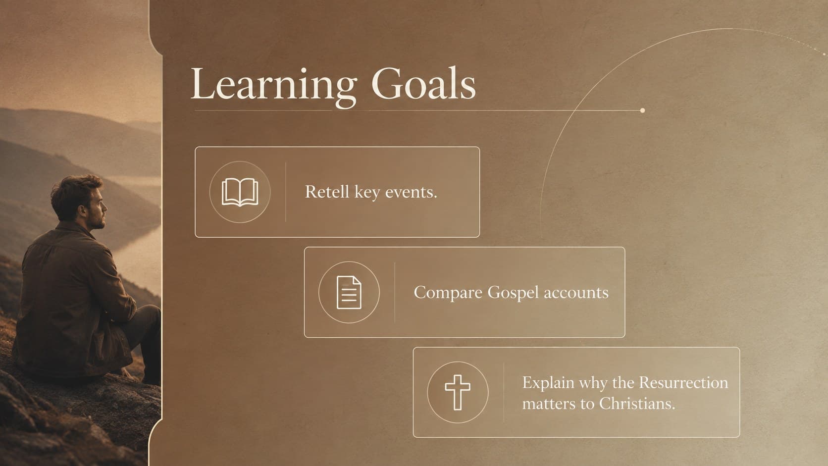 Brown and beige resurrection lesson slide presenting middle school learning goals.