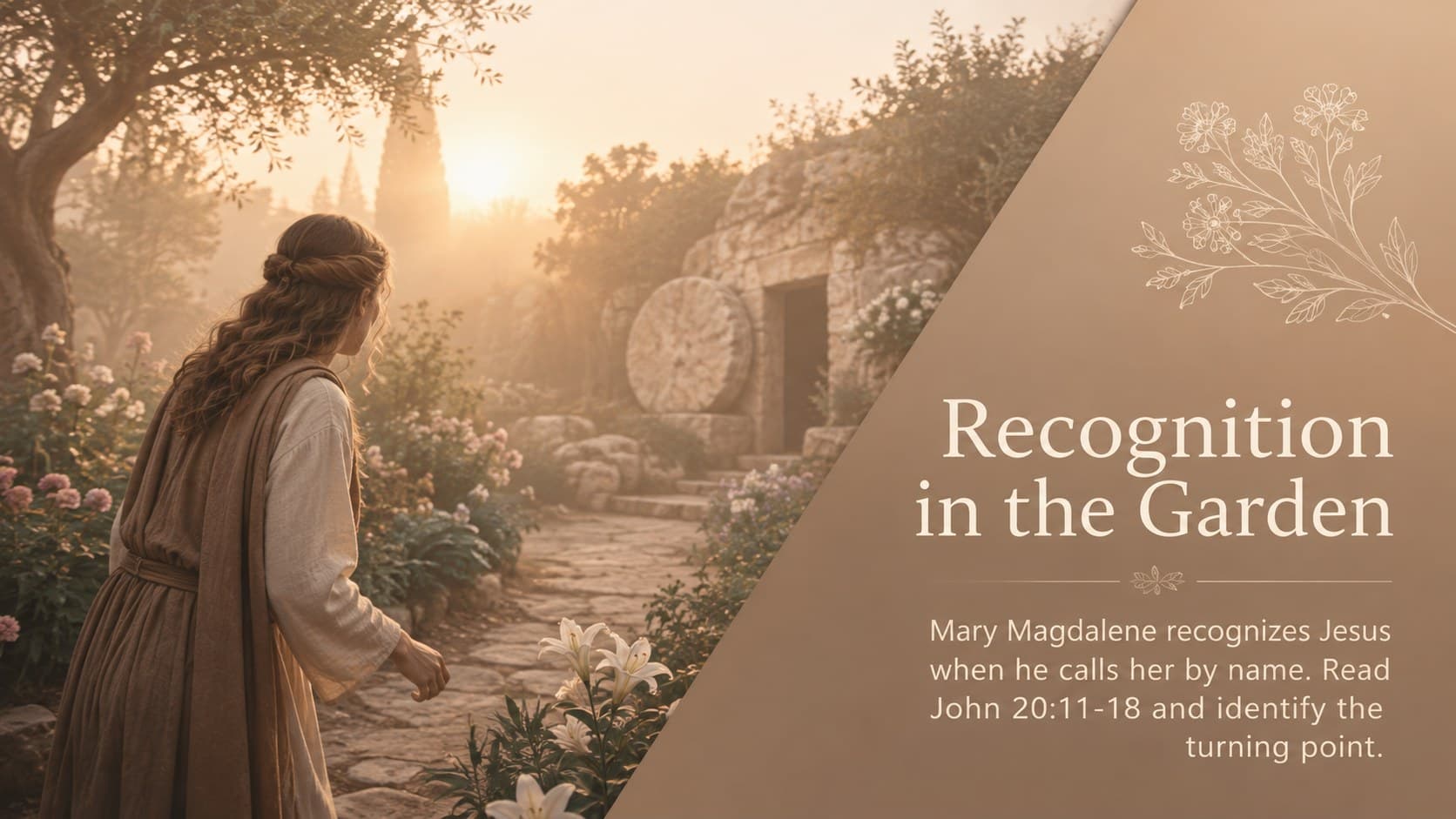 Editable Christian Easter slide about Mary Magdalene recognizing the risen Jesus.